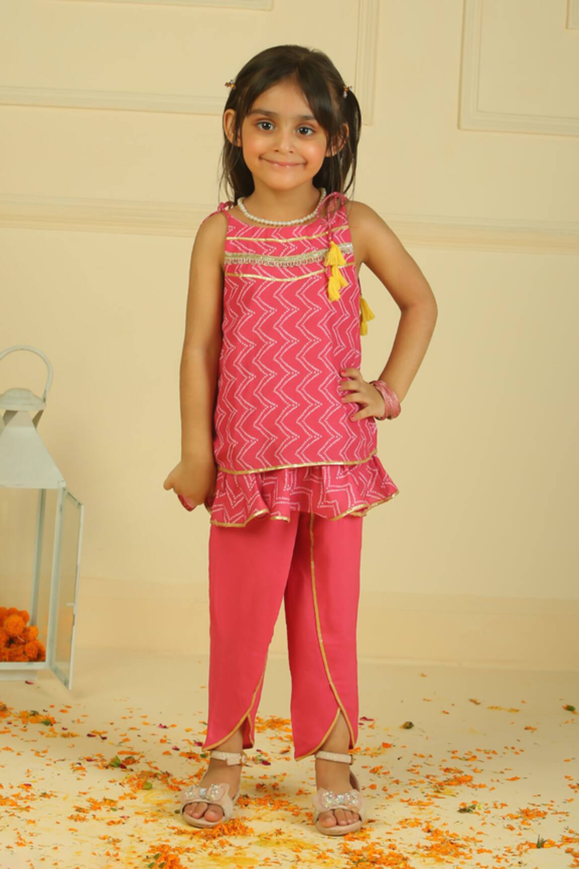 Pankhuri By Priyanka Pink Aline Ruffle Tunic & Dhoti Set 