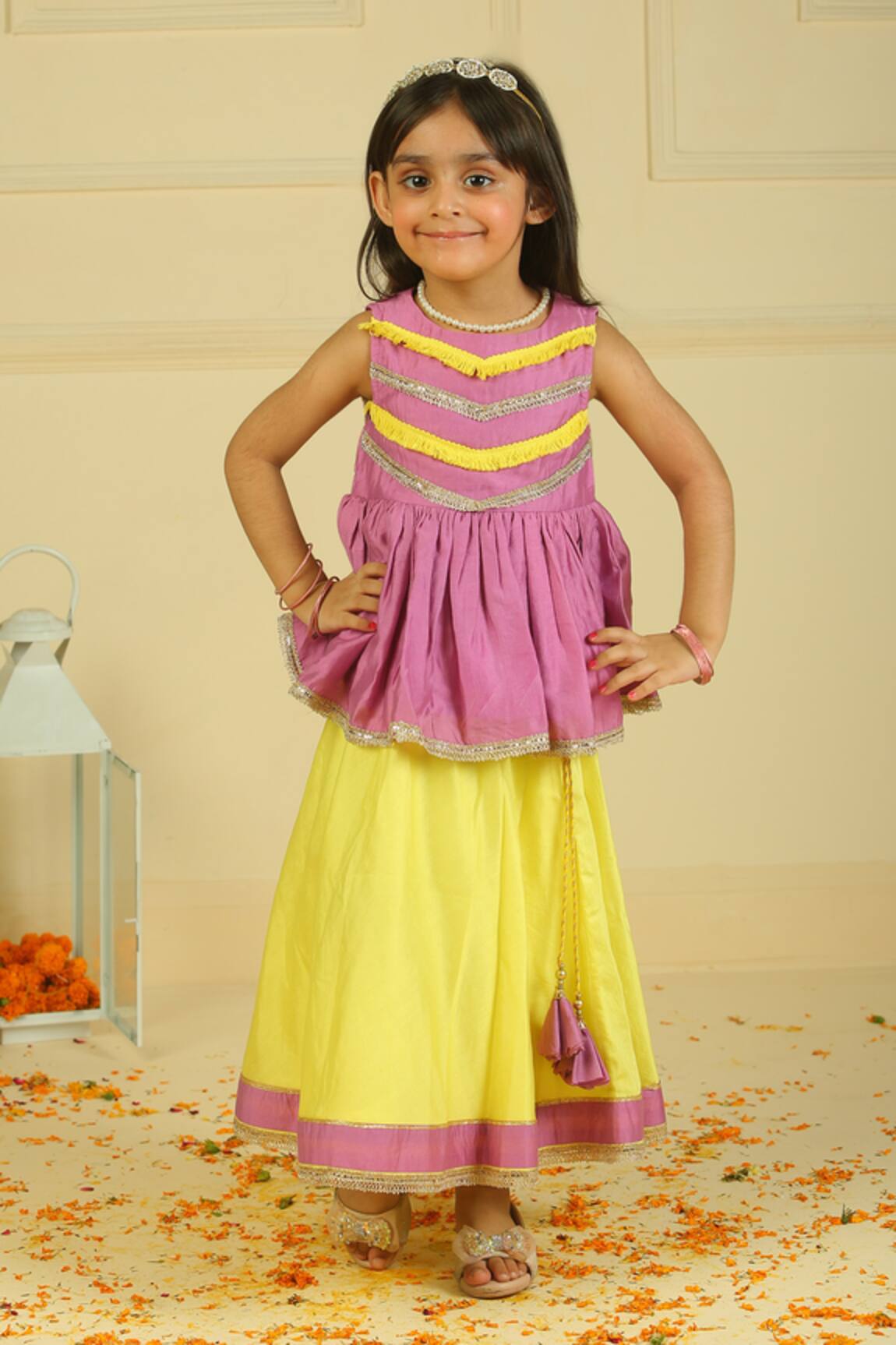 Pankhuri By Priyanka Purple & Yellow Peplum Top & Lehenga Set 
