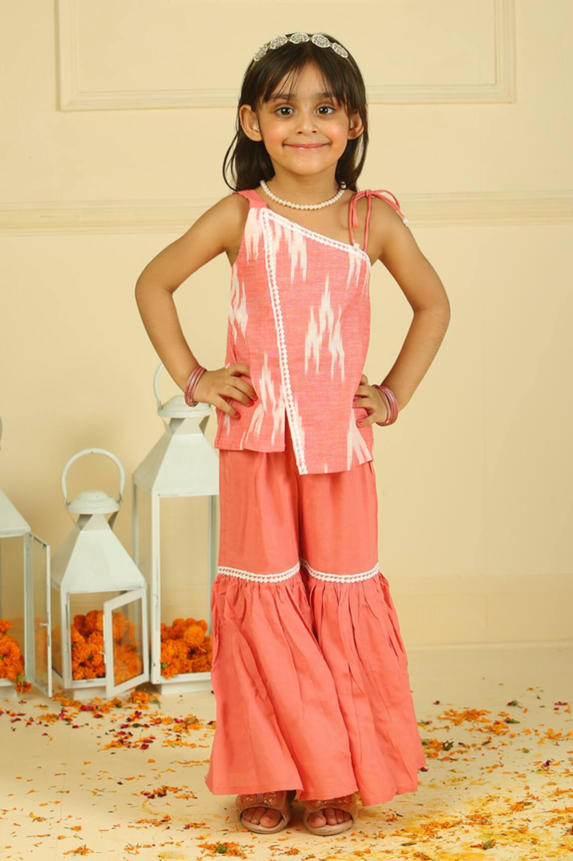 Pankhuri By Priyanka Peach Ikkat Drawstring Kurta & Sharara Set 