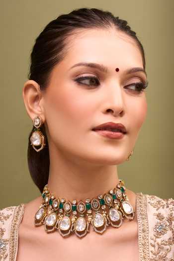 Nazaakat By Samara Singh Kundan Green Brass Necklace & Earring Set 