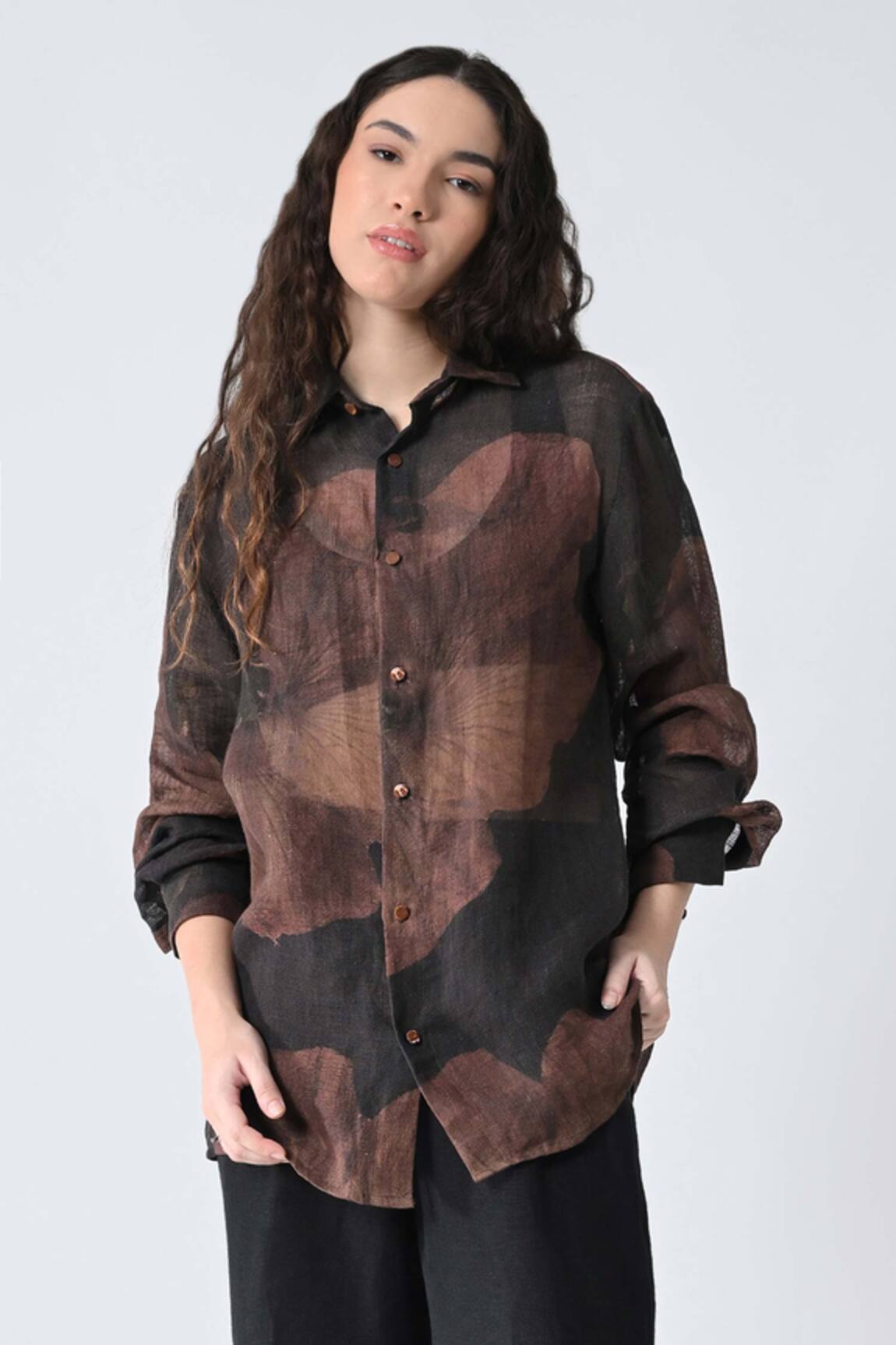 Samant Chauhan Brown Bloom Linen Shirt 