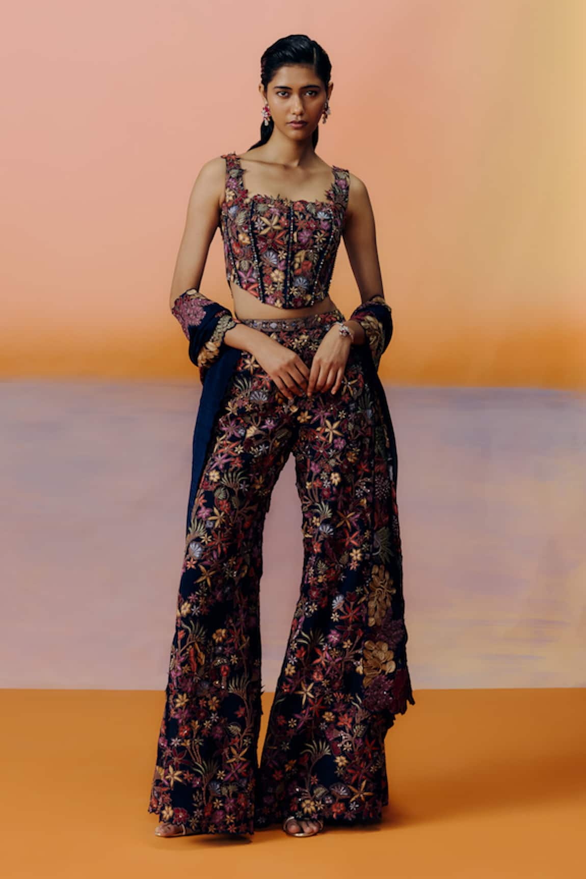 Mishru Navy Blue Floral Embroidered Pants Set 