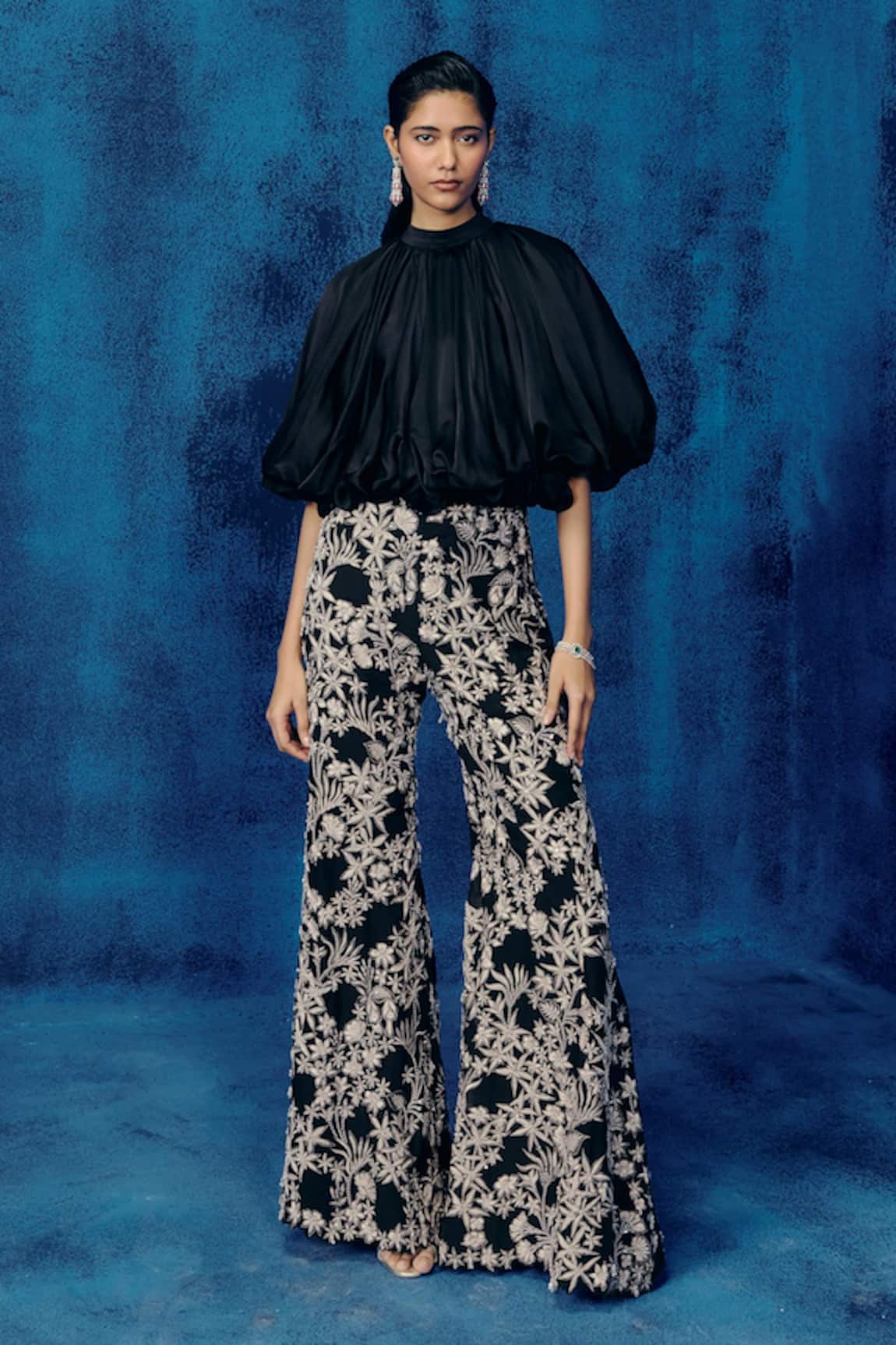 Mishru Black Organza Puff Sleeve Top & Pant Set 