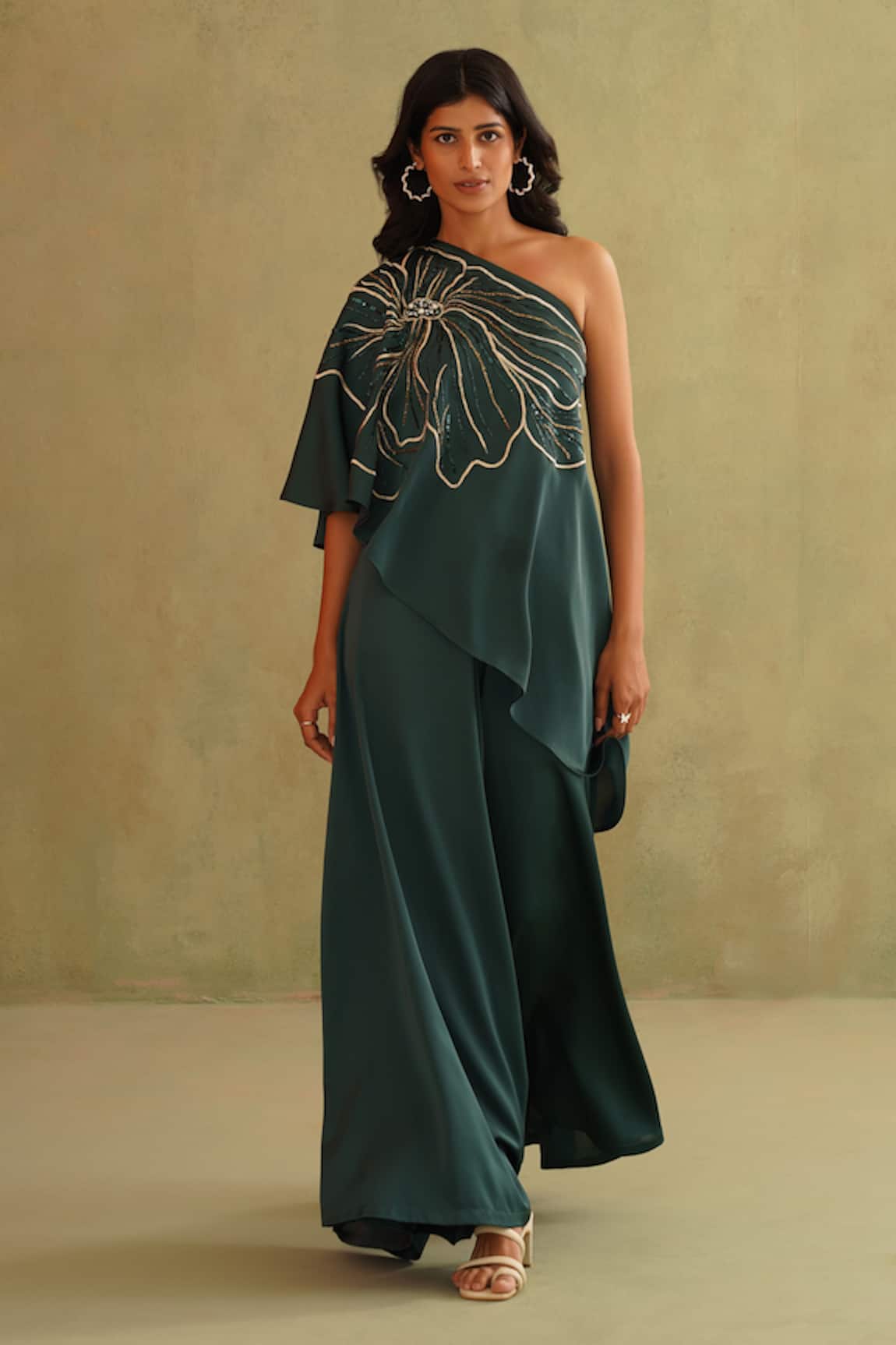 Midori By Sgv Bottle Green Hand Embroidered Pant Set 