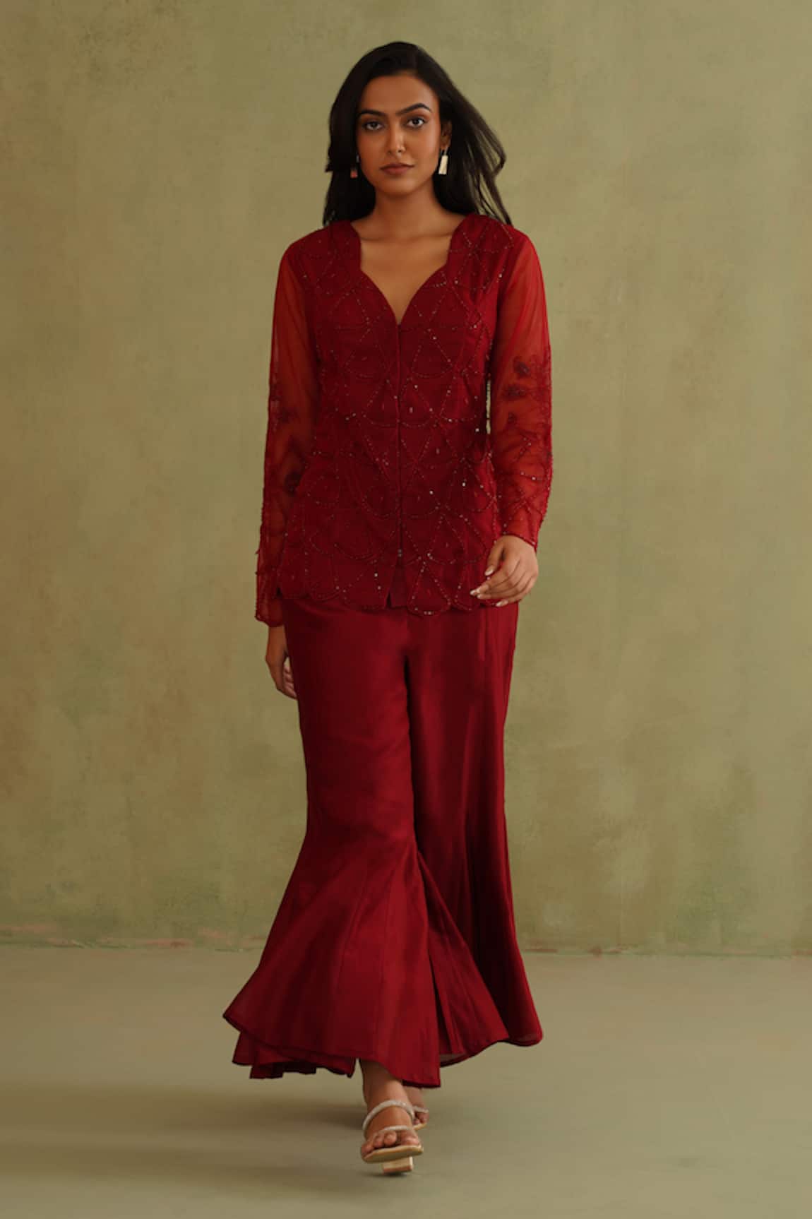 Midori By Sgv Cherry Red Designer Pant Set 