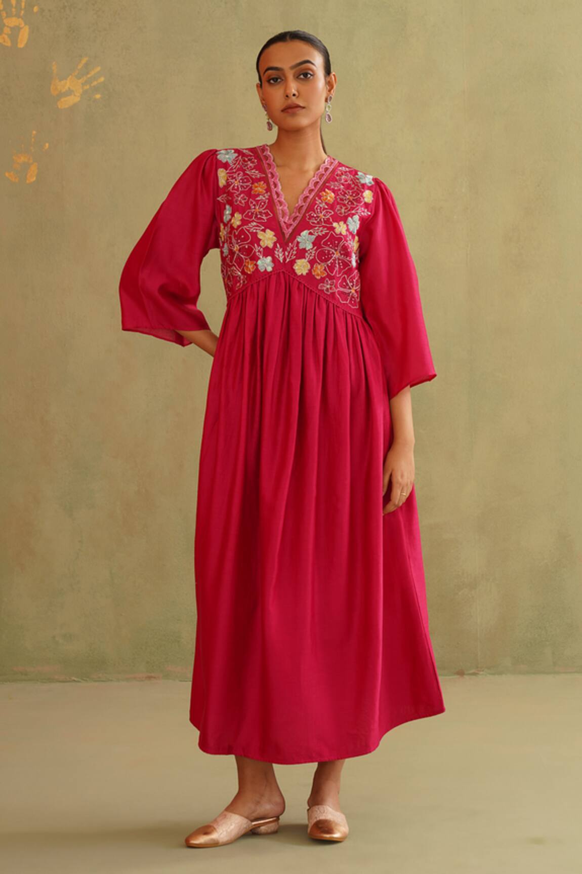 Midori By Sgv Hot Pink Hand Embroidered Dress 