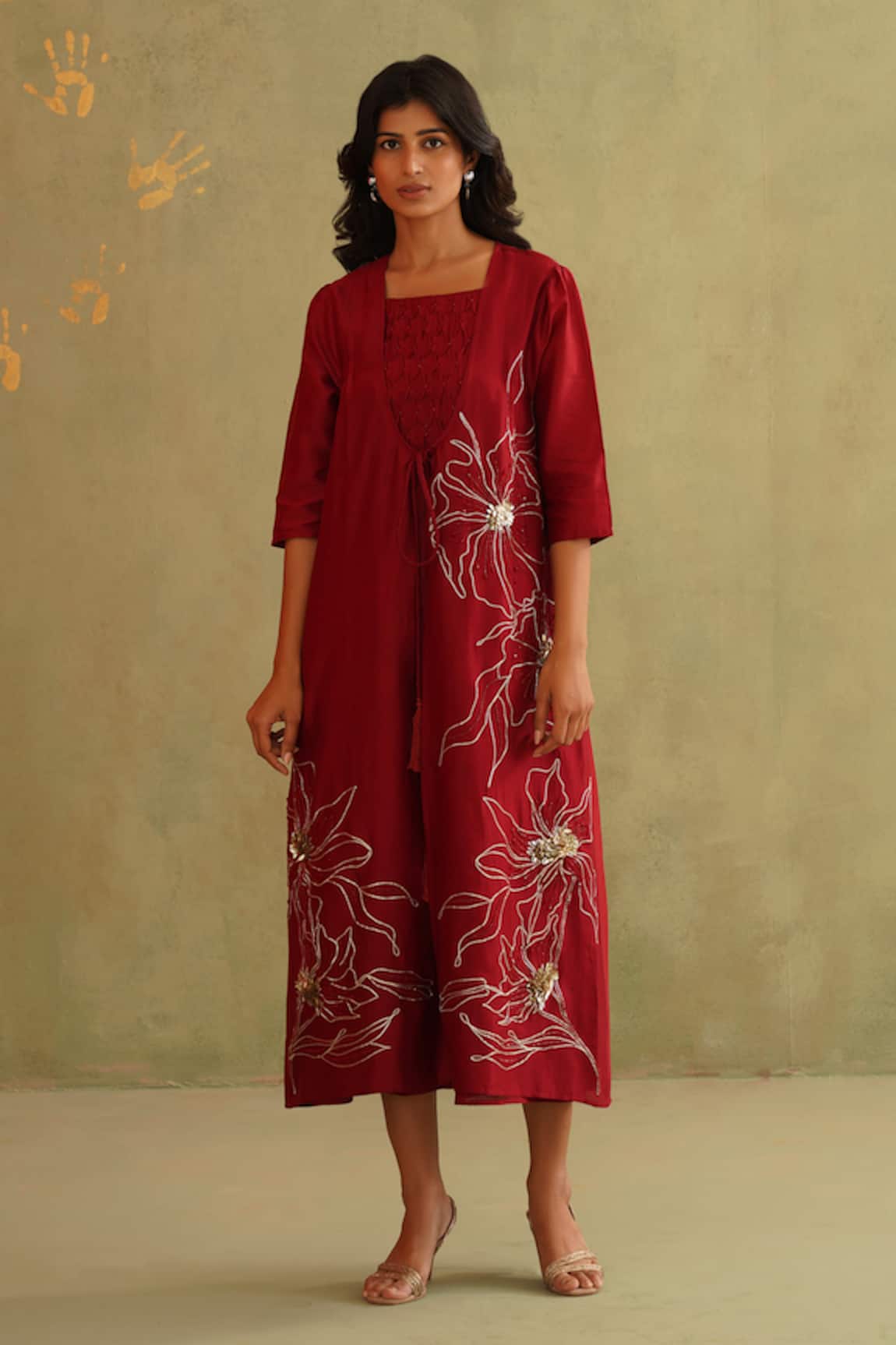 Midori By Sgv Cherry Red Chanderi Dress With Jacket 