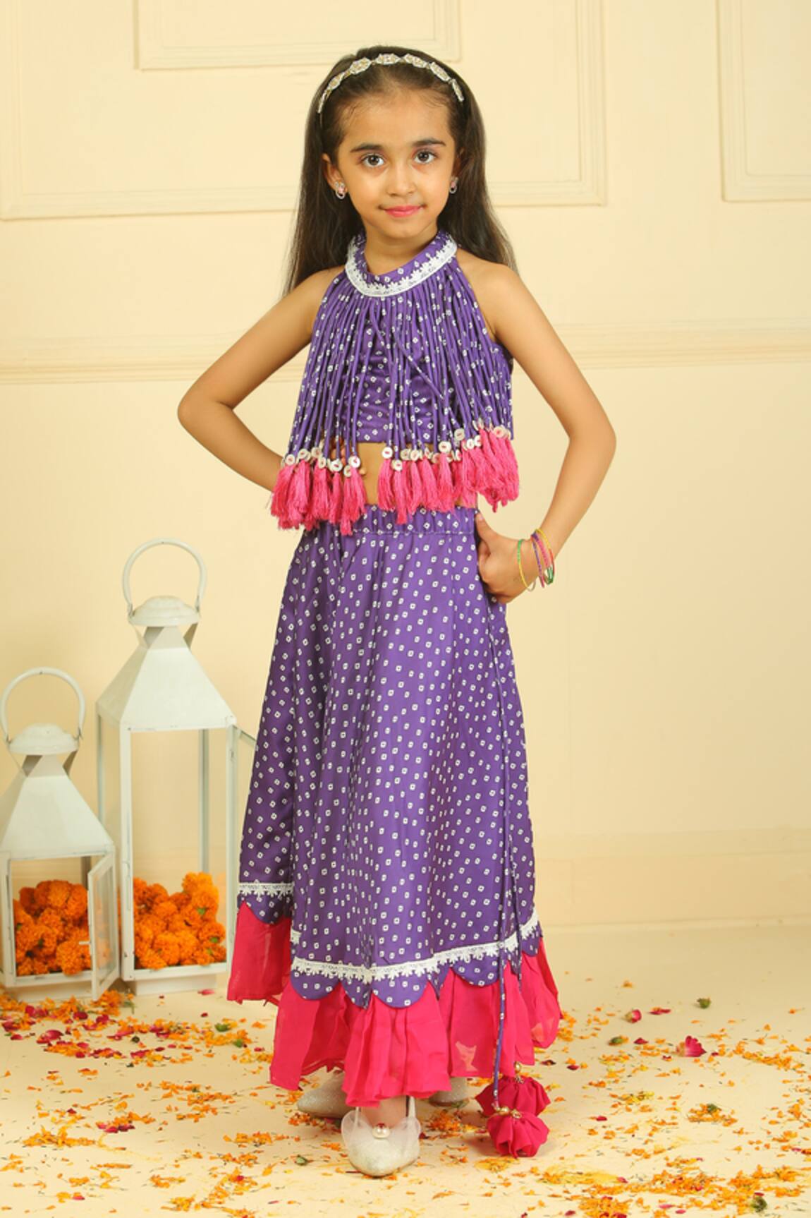 Pankhuri By Priyanka Purple Polka Dot Lehenga Blouse Set 