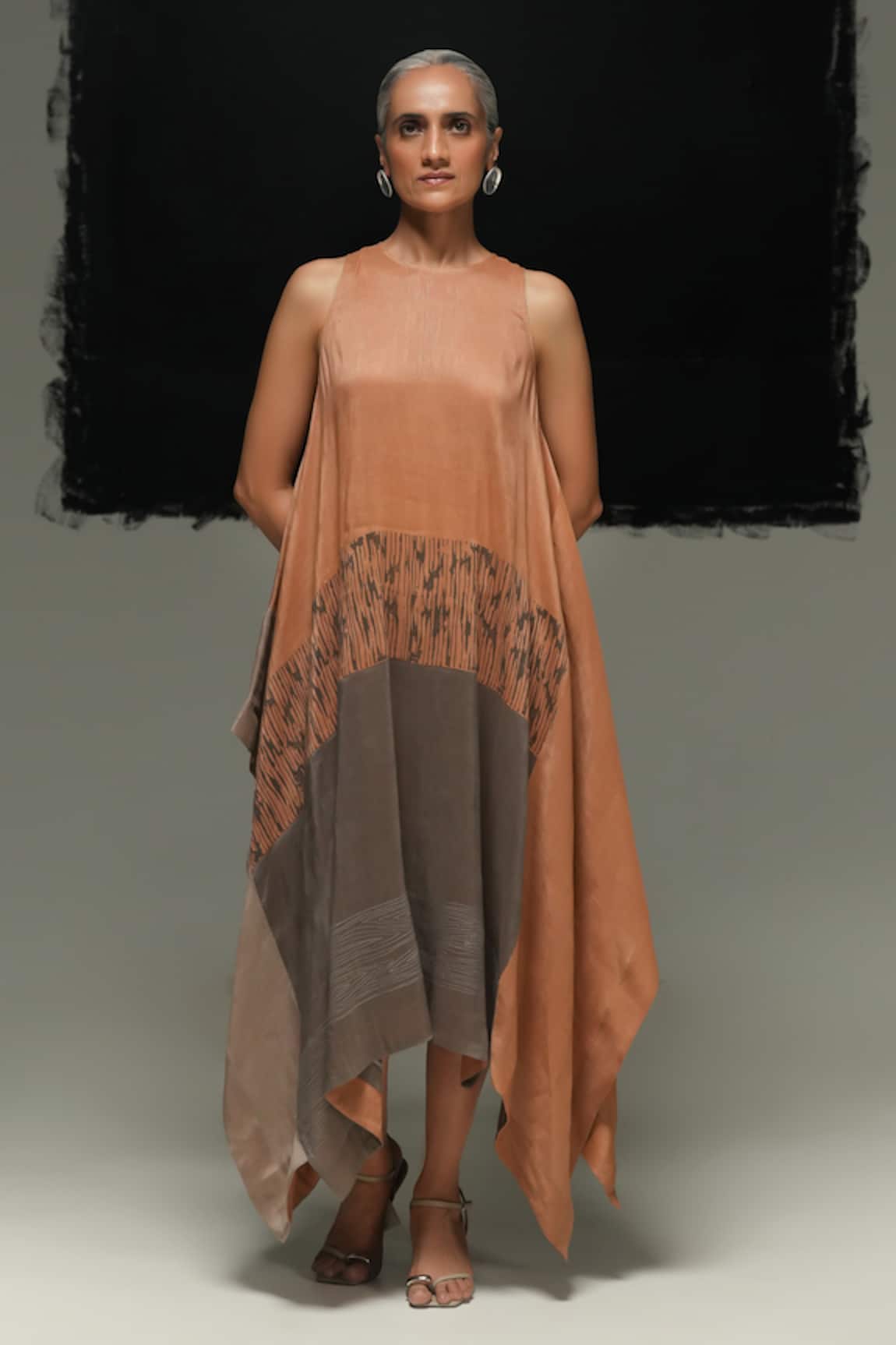 Urvashi Kaur Rust Handwoven Linen Block Printed Dress 