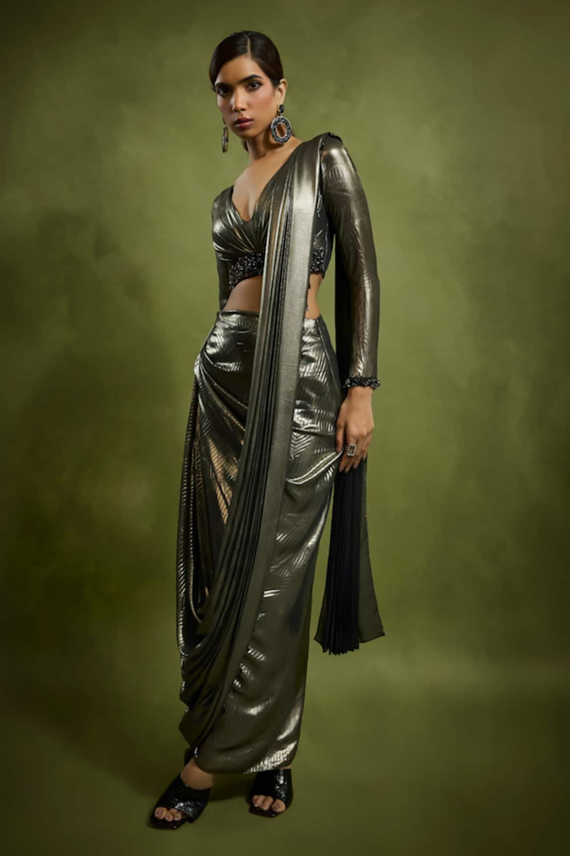Babita Malkani Gold Foil Georgette Pre-Draped Saree Set 