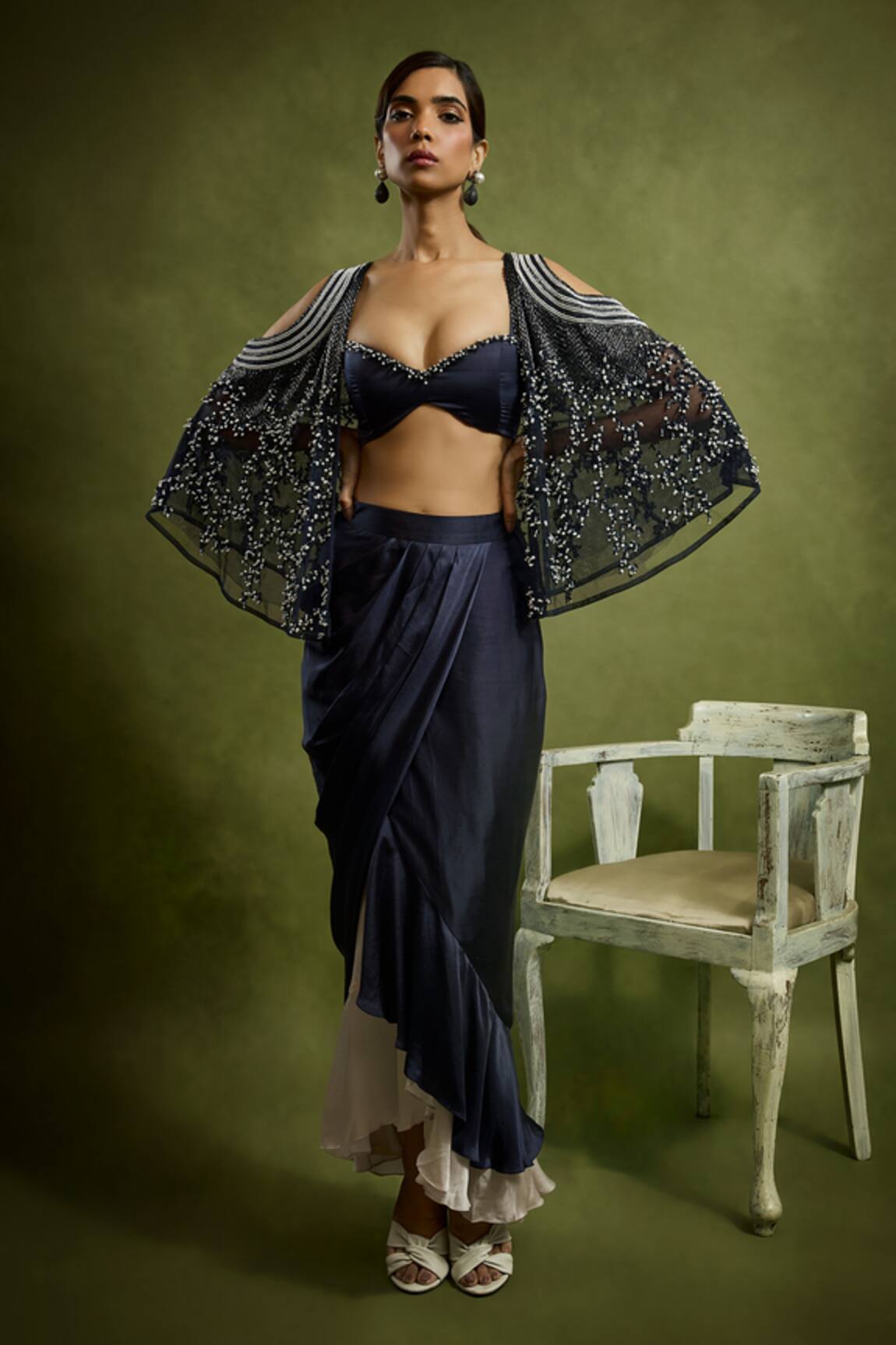 Babita Malkani Navy Blue Designer Cape & Skirt Set 