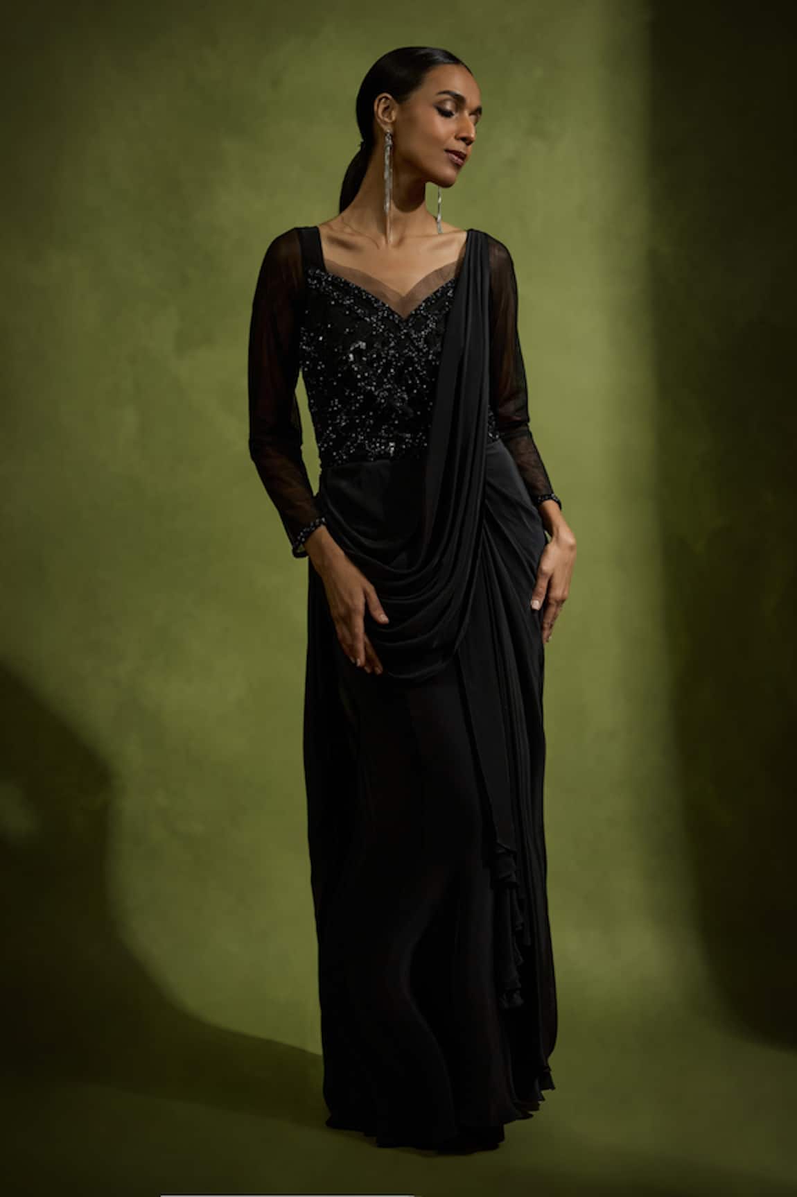 Babita Malkani Black Satin Designer Saree Gown 