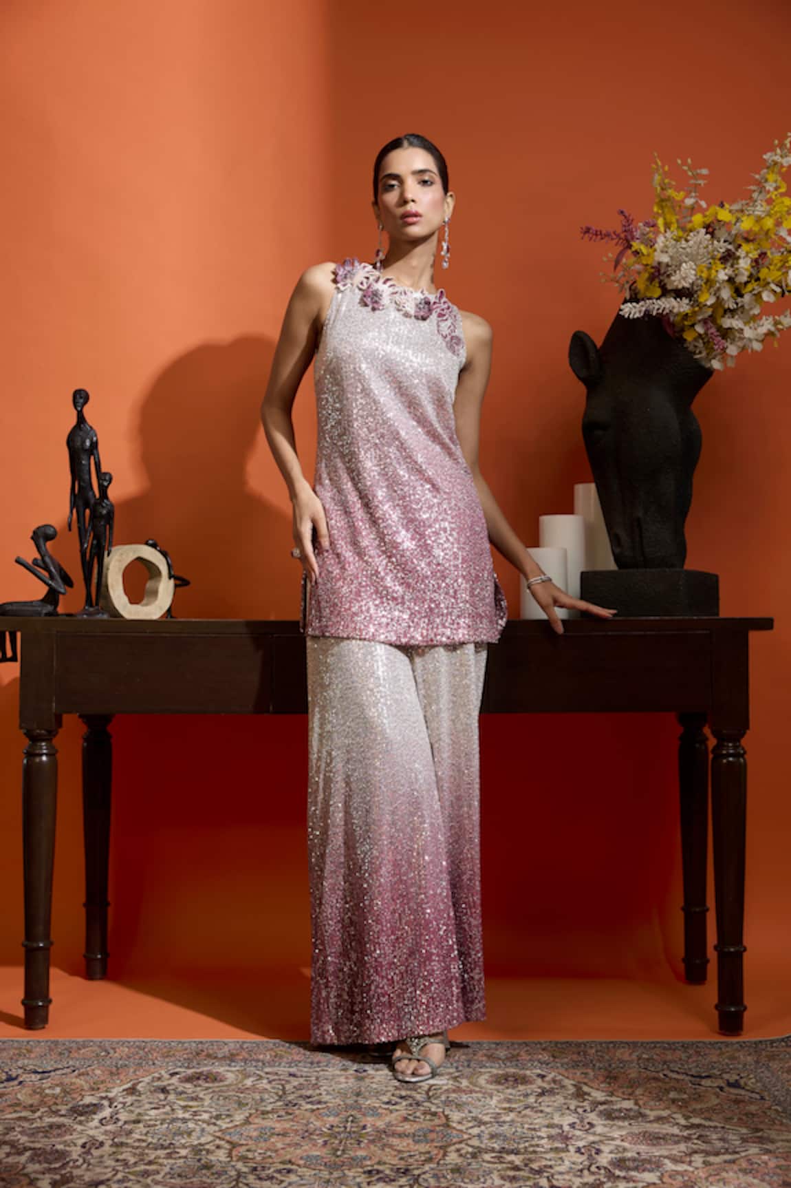 Babita Malkani Pink Ombre Sequin Georgette Kurta Set 