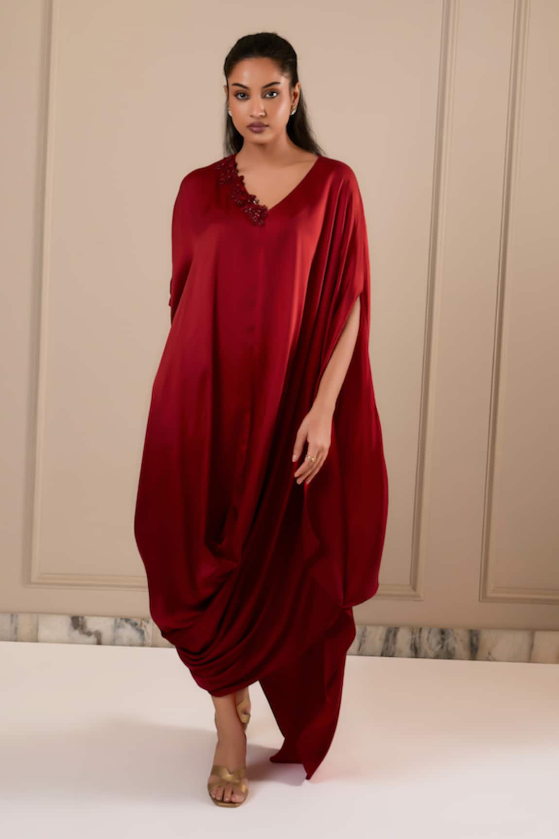 Omana By Ranjana Bothra Red Silk Satin Kaftan 
