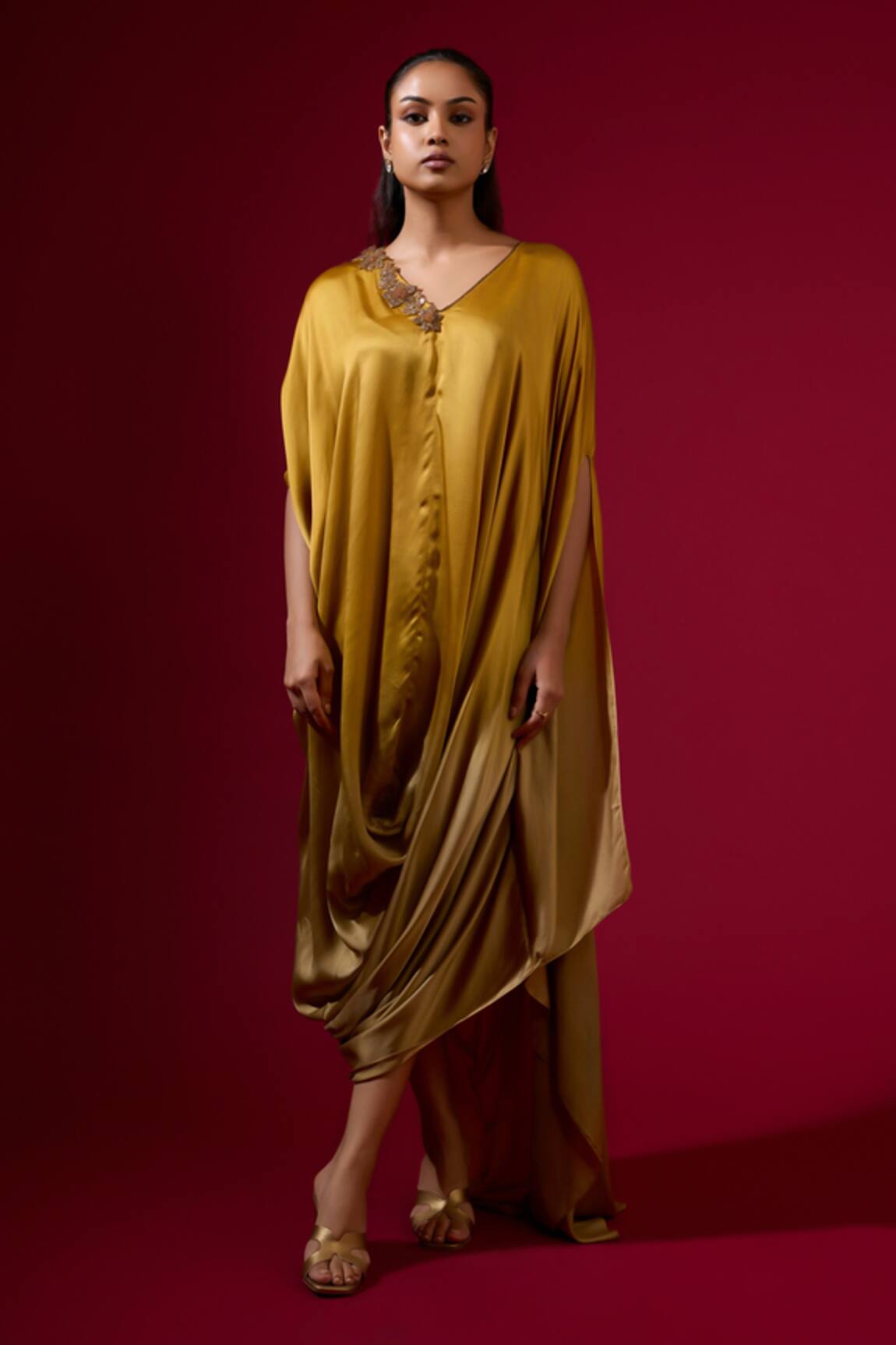 Omana By Ranjana Bothra Gold Silk Satin Kaftan 