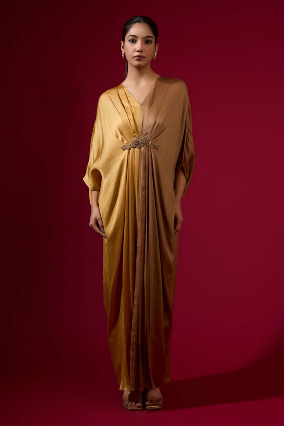 Omana By Ranjana Bothra Gold Brown Modal Satin Kaftan 