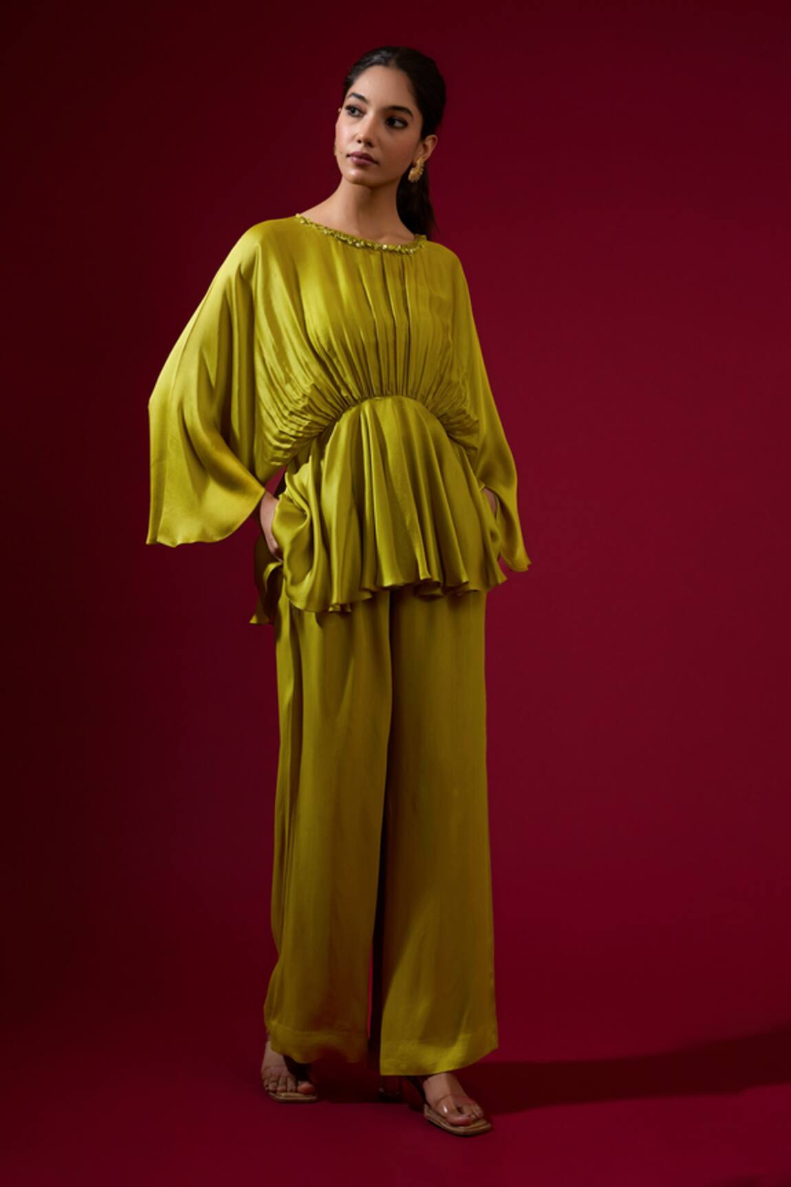 Omana By Ranjana Bothra Lime Green Silk Satin Top & Pant Set 