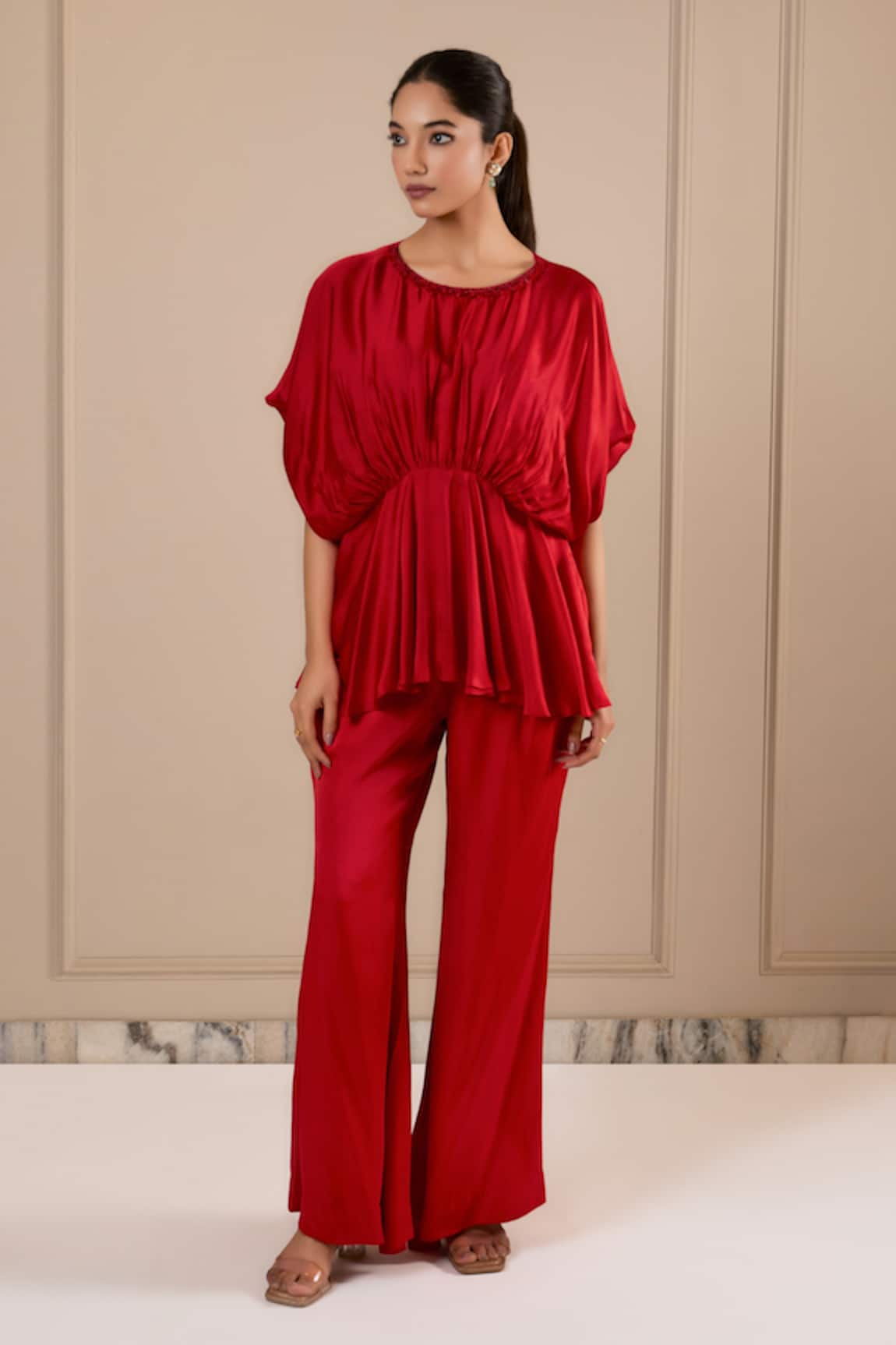 Omana By Ranjana Bothra Red Silk Satin Top & Pant Set 