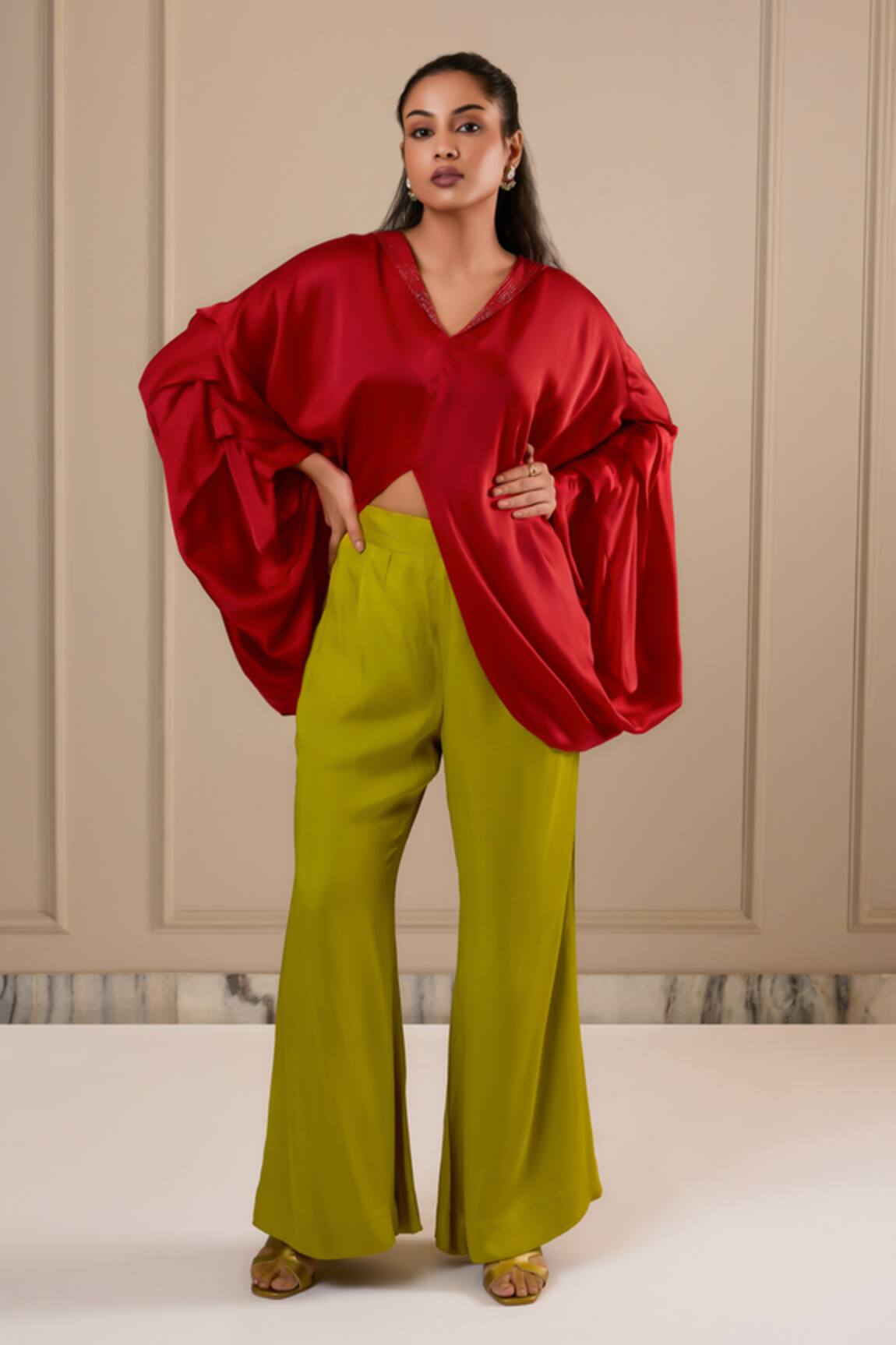 Omana By Ranjana Bothra Red Silk Satin Top & Lime Green Pant 