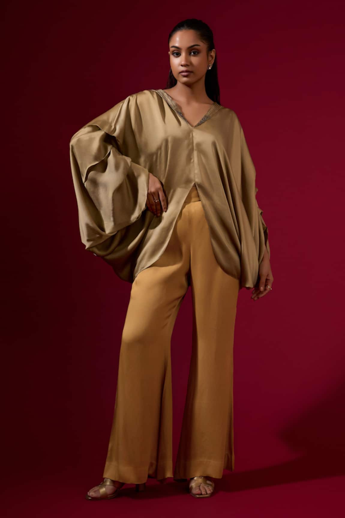 Omana By Ranjana Bothra Gold Silk Satin Top & Pant Set 