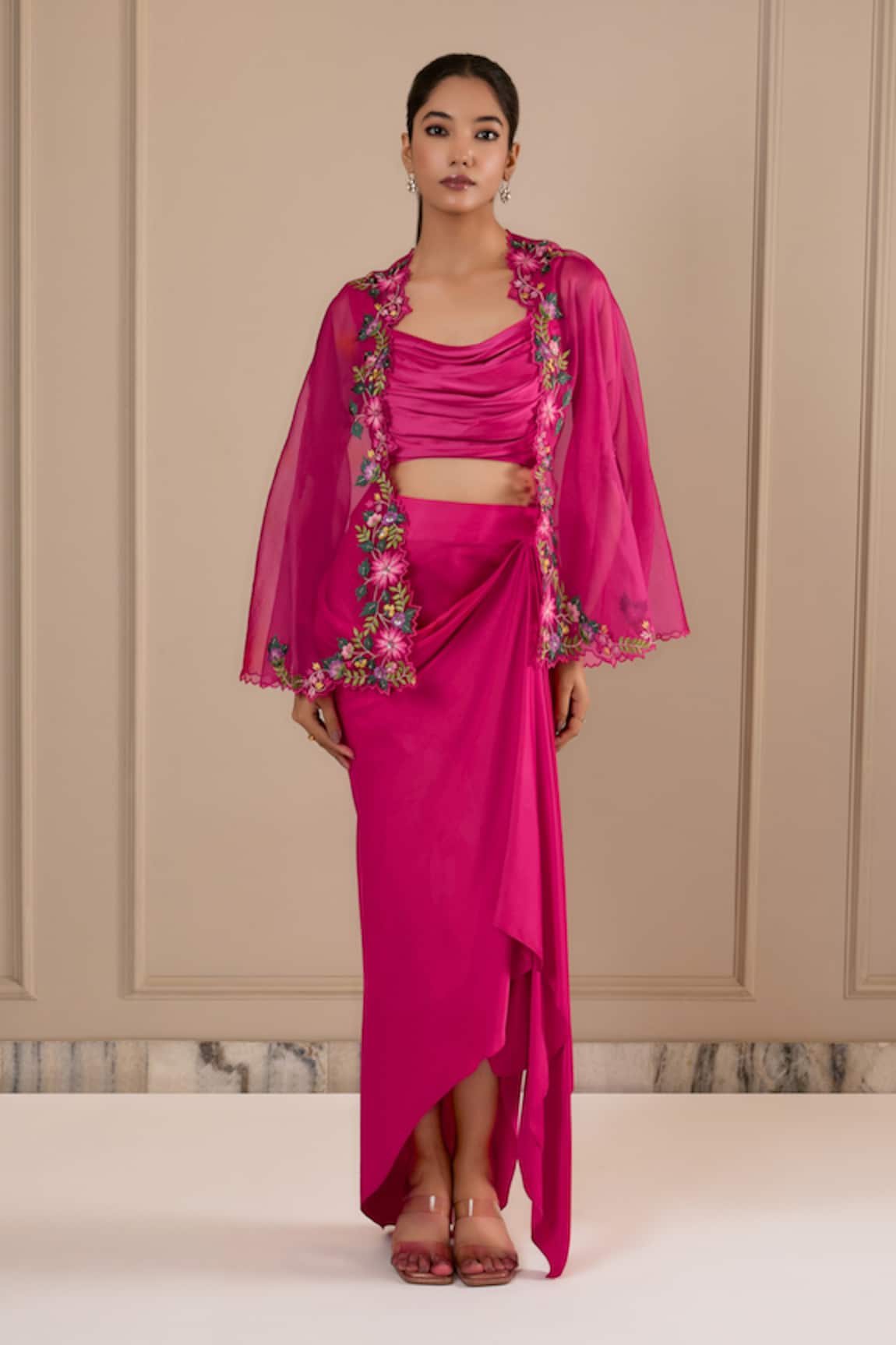 Omana By Ranjana Bothra Hot Pink Designer Top Skirt Cape Set 