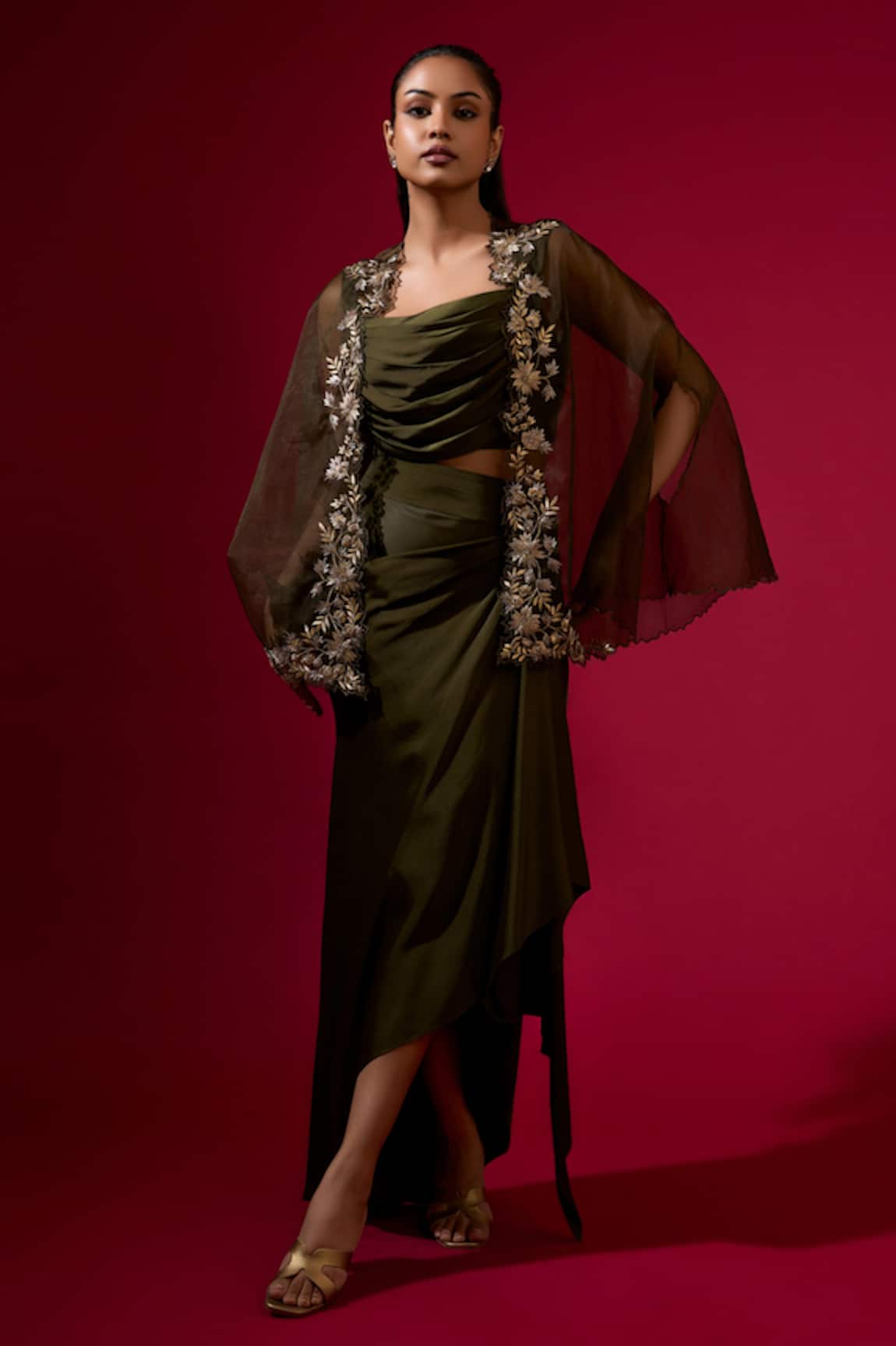 Omana By Ranjana Bothra Army Green Designer Top & Skirt Set 