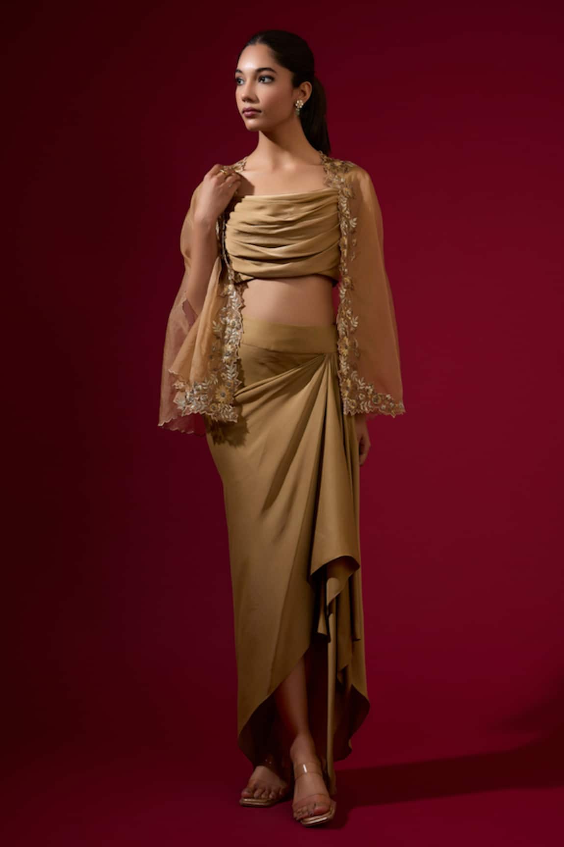 Omana By Ranjana Bothra Gold Designer Top Skirt Cape Set 