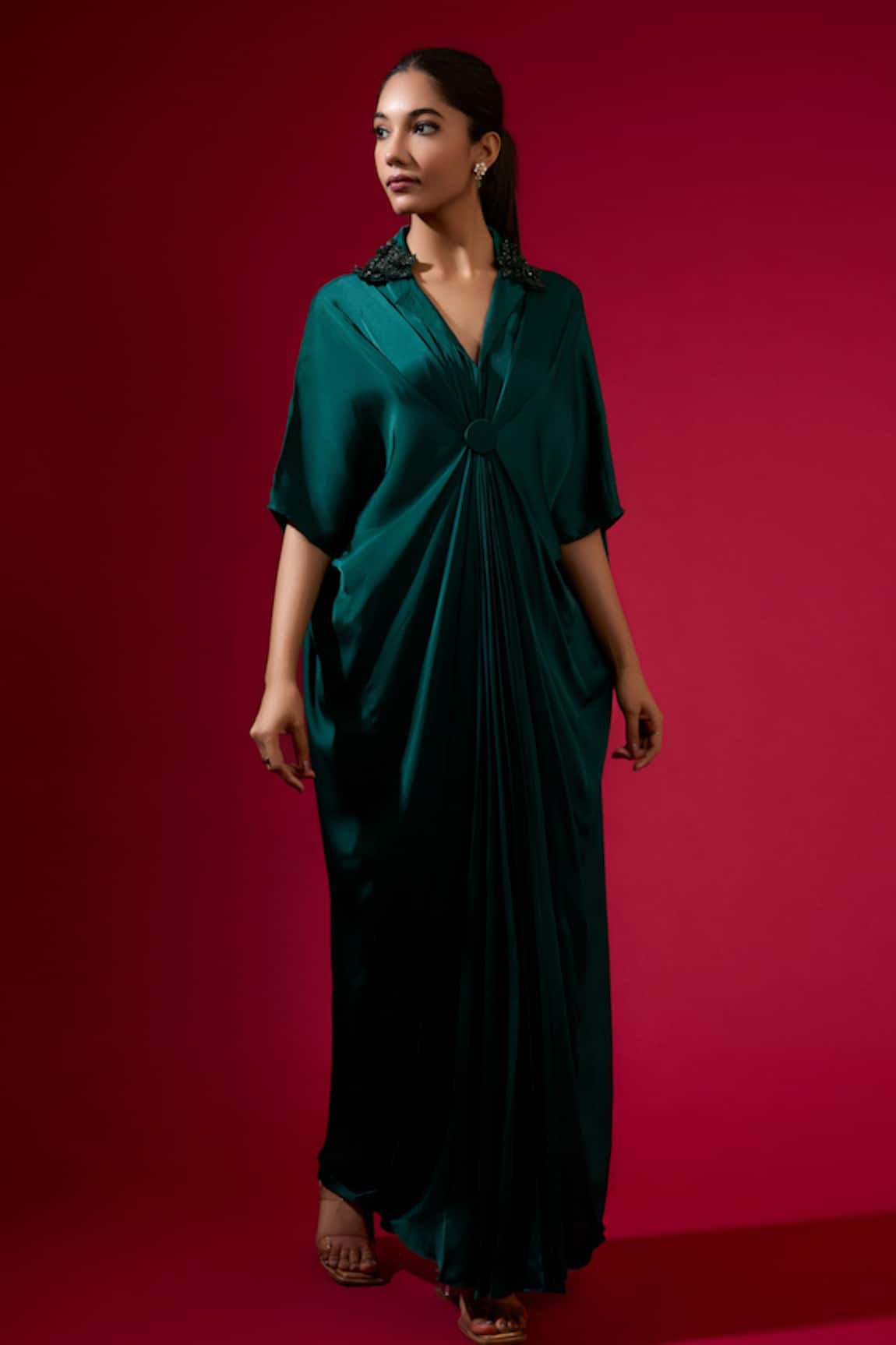 Omana By Ranjana Bothra Emerald Green Silk Satin Kaftan 