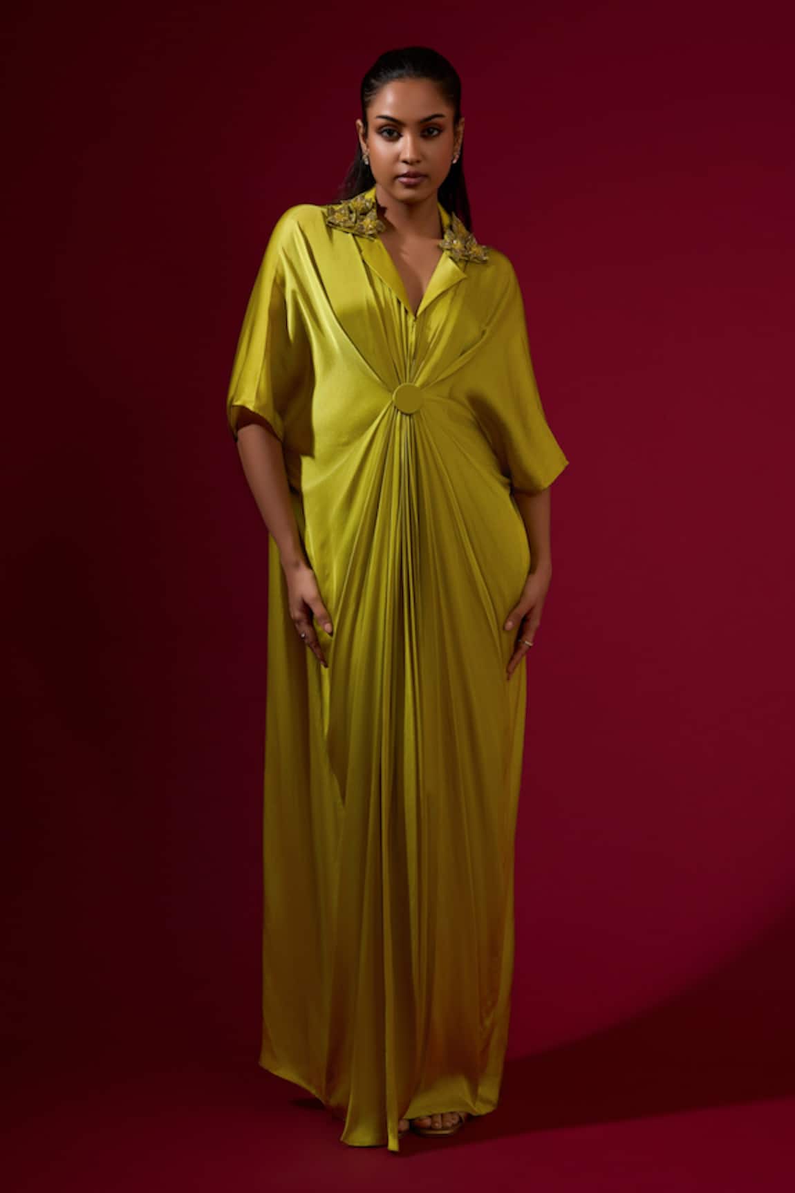 Omana By Ranjana Bothra Lime Green Silk Satin Kaftan 