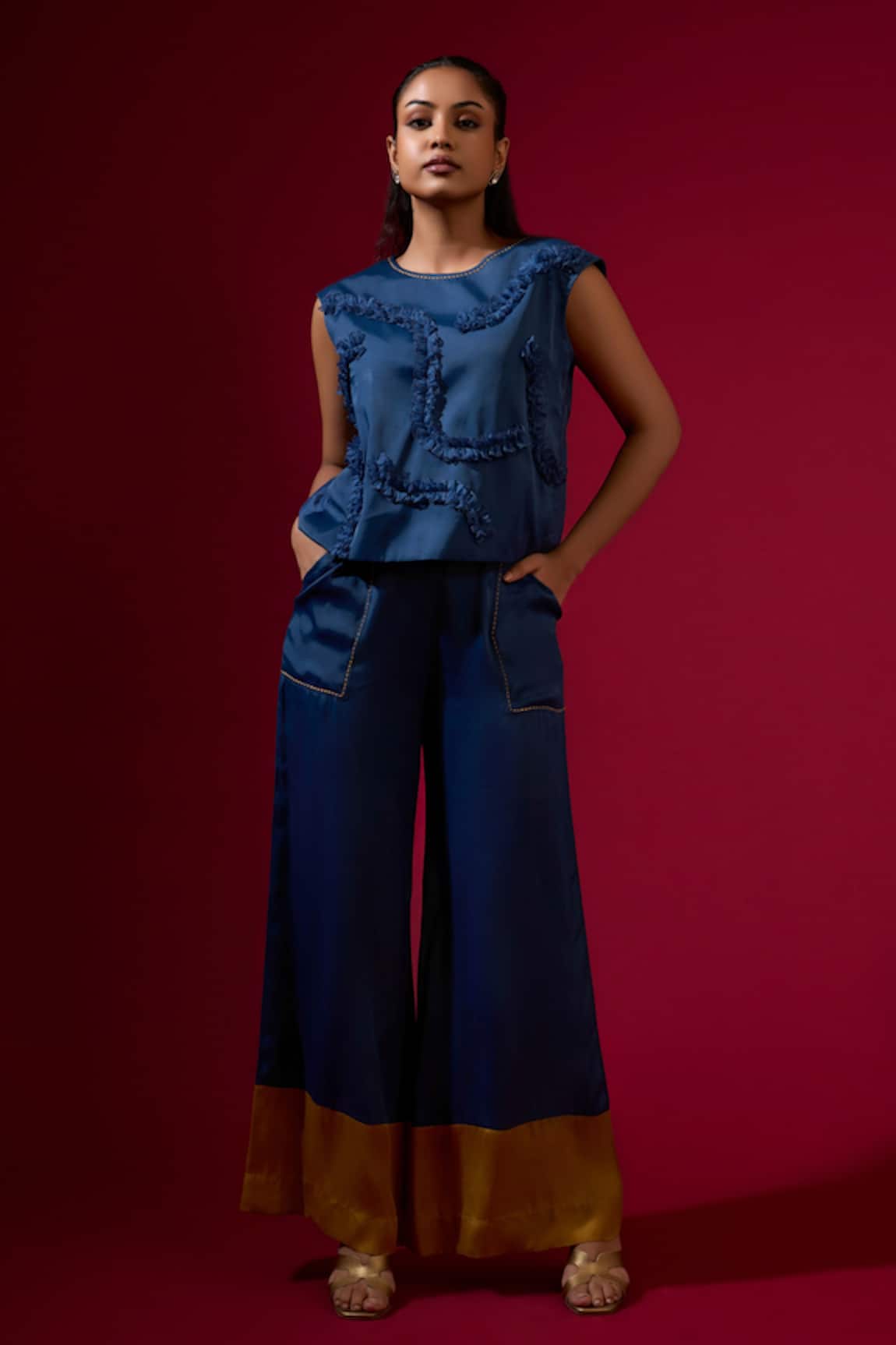 Omana By Ranjana Bothra Blue Dull Satin Top & Trouser Set 