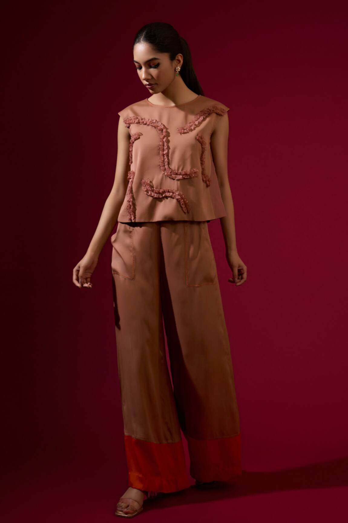 Omana By Ranjana Bothra Brown Dull Satin Top & Trouser Set 