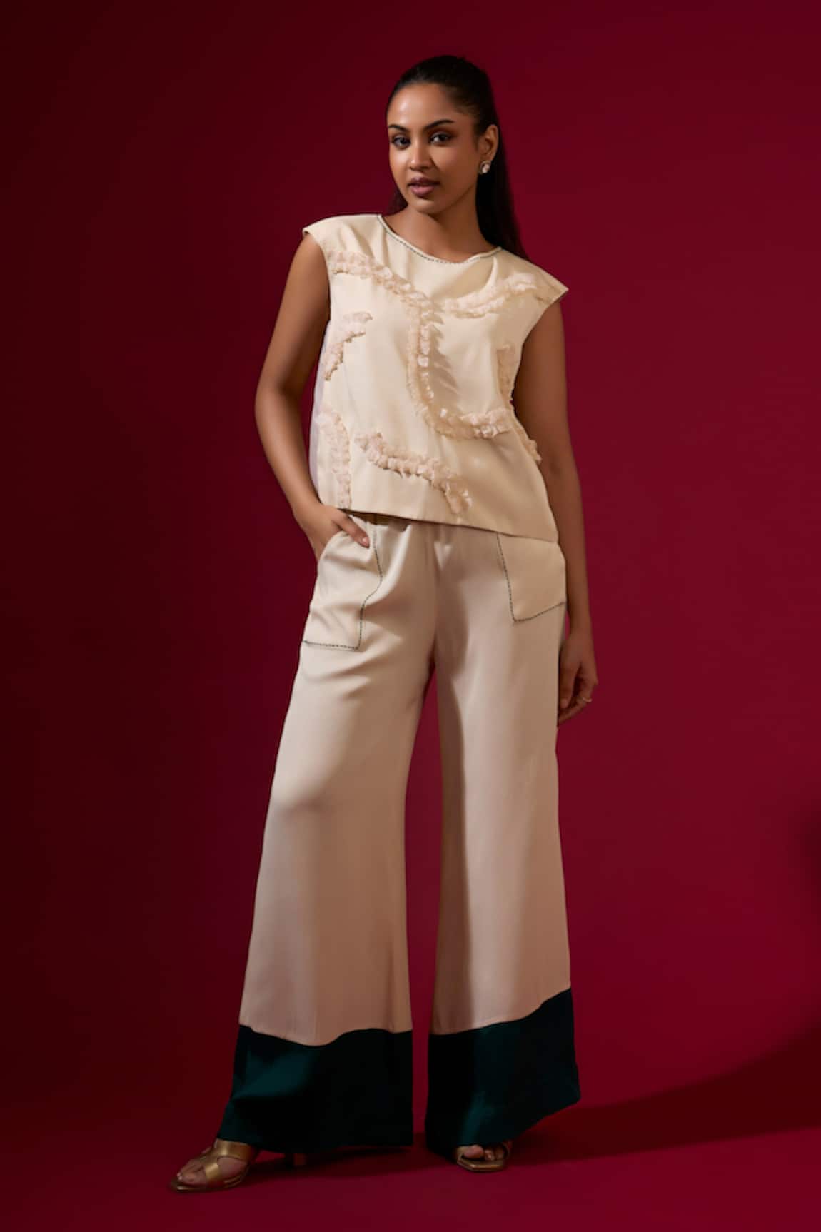 Omana By Ranjana Bothra Ivory Designer Top & Trouser Set 