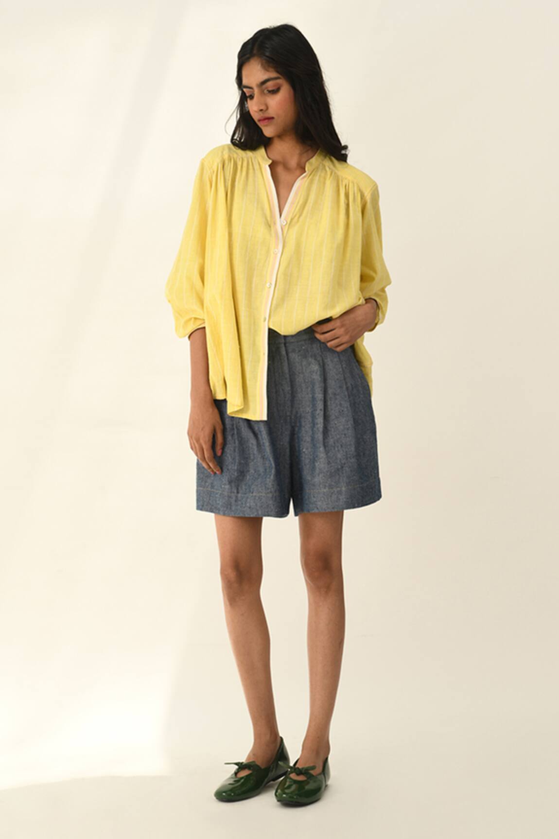 Payal Pratap Lemon Yellow Handloom Cotton Smocking Shirt 