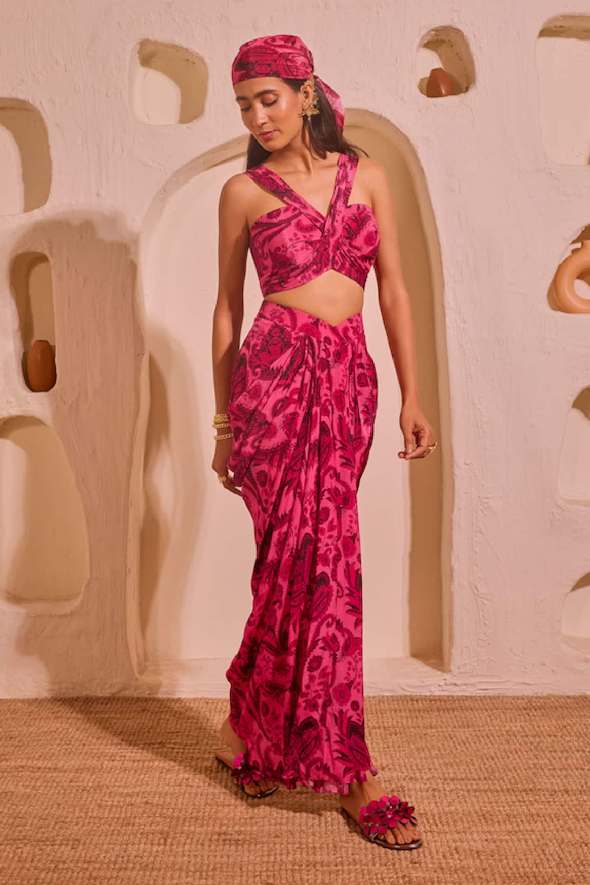 Nitara Dhanraj Label Pink Designer Top & Draped Skirt Set 