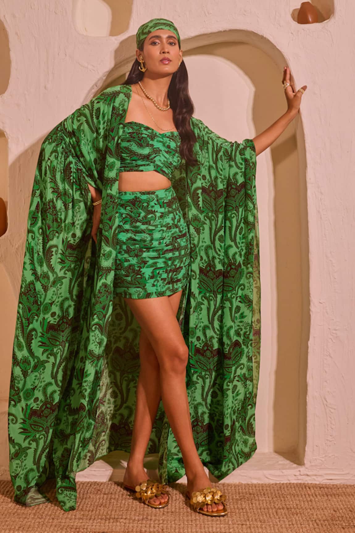 Nitara Dhanraj Label Green Printed Cape Bustier Skirt Set 