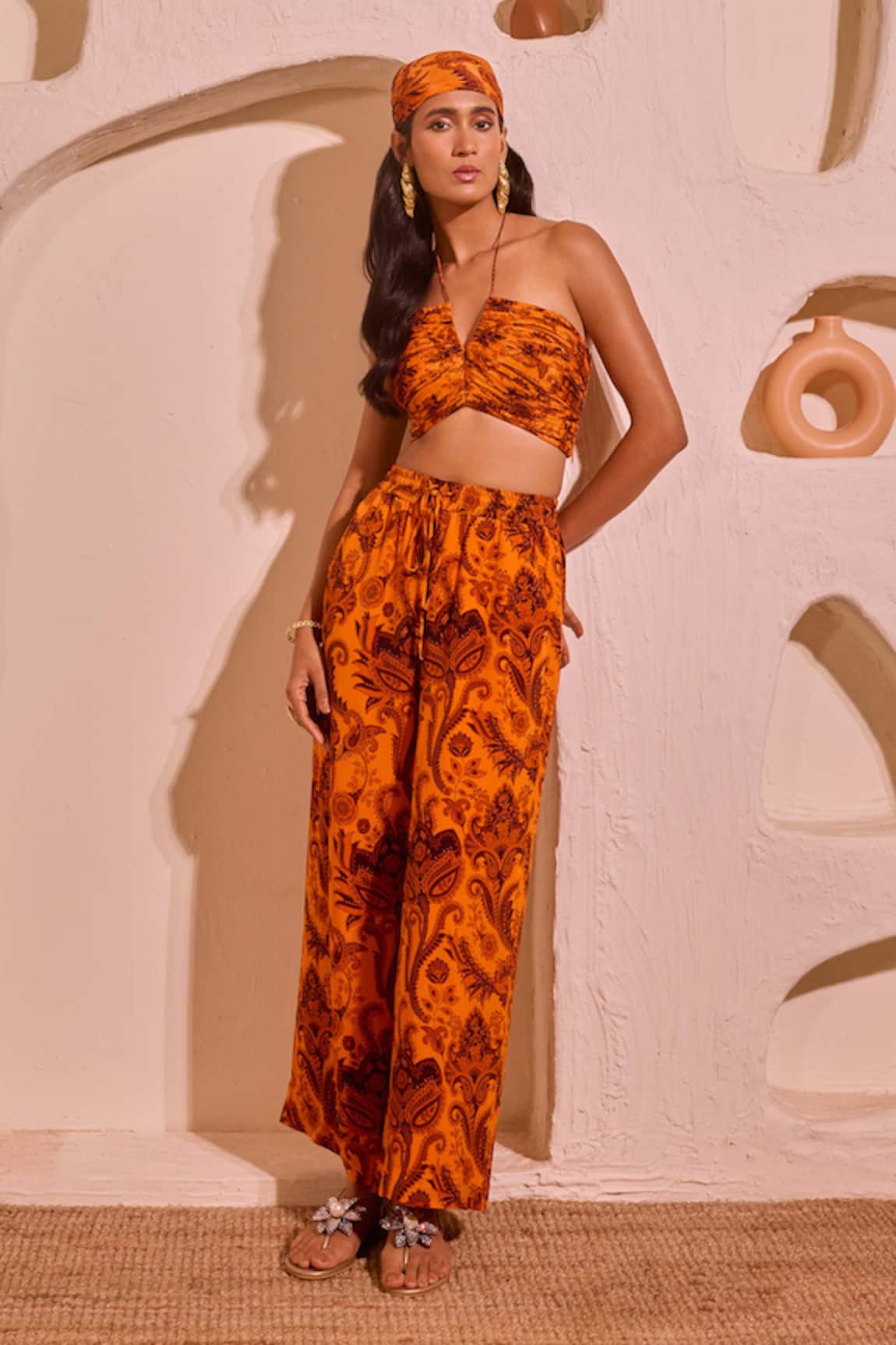 Nitara Dhanraj Label Orange Printed Top & Pant Set 