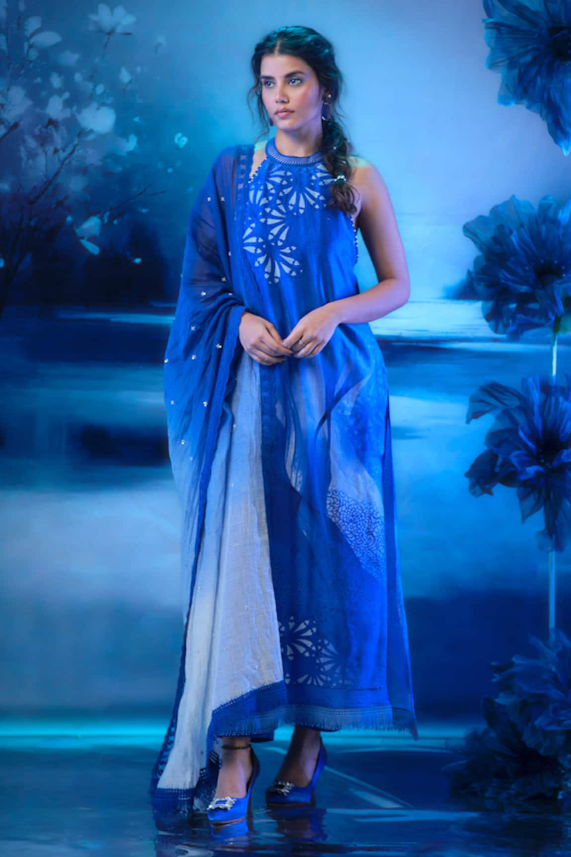 Mandira Wirk - Indian Blue Chanderi Kurta Pant Dupatta Set 