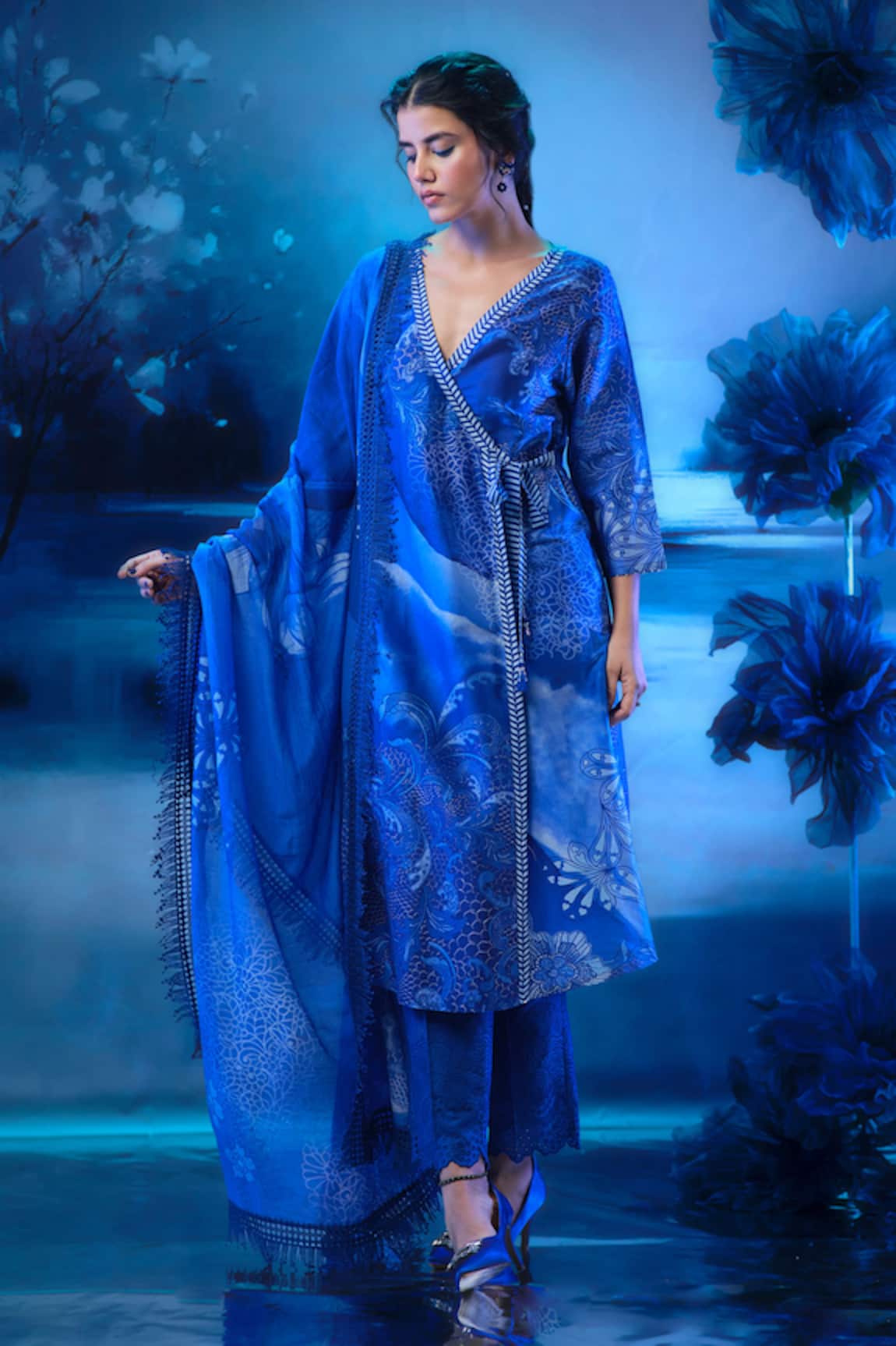 Mandira Wirk - Indian Blue Chanderi Angarkha Set 
