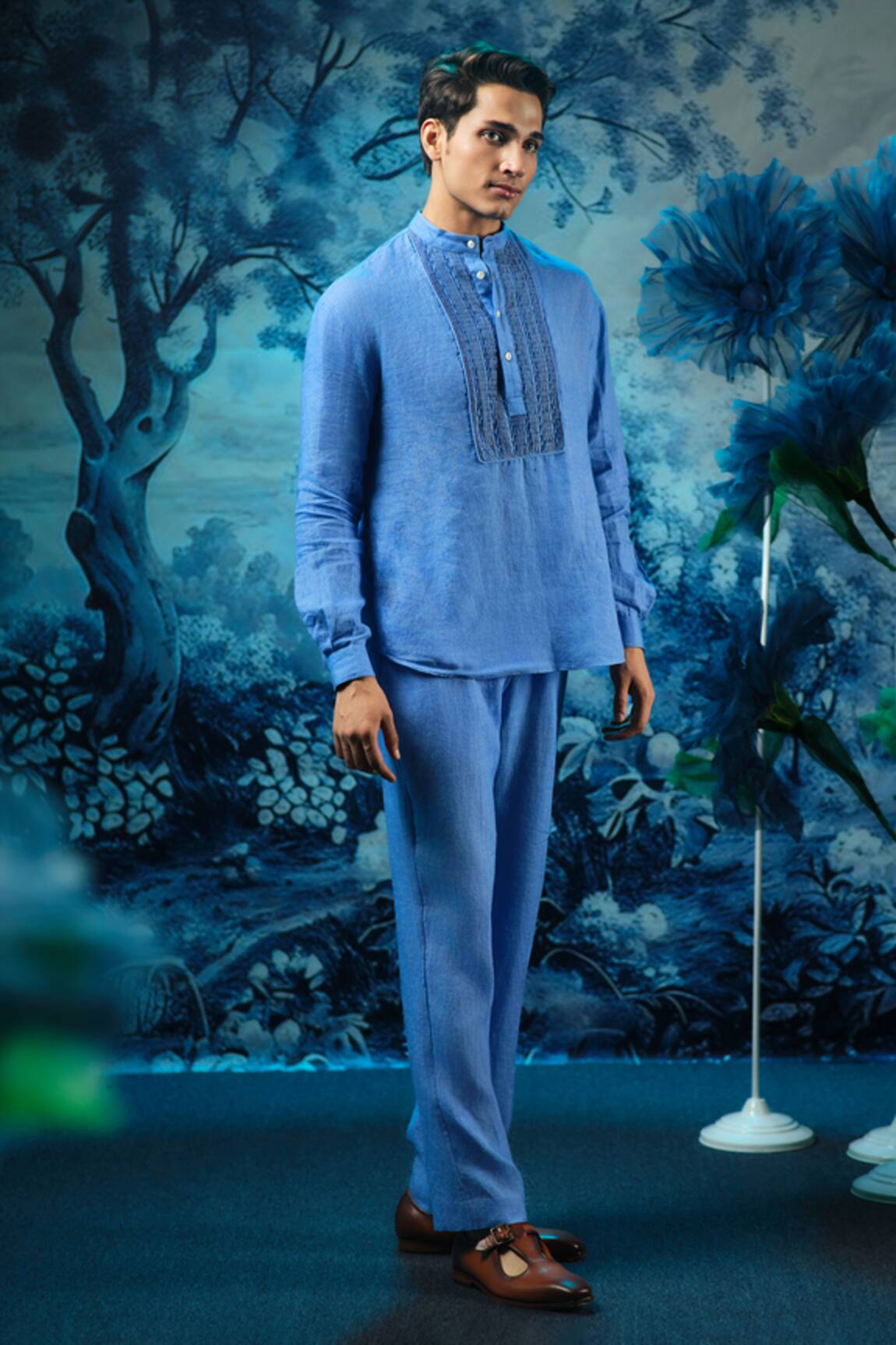 Mandira Wirk - Indian Blue Chanderi Linen Kurta Pant Set 