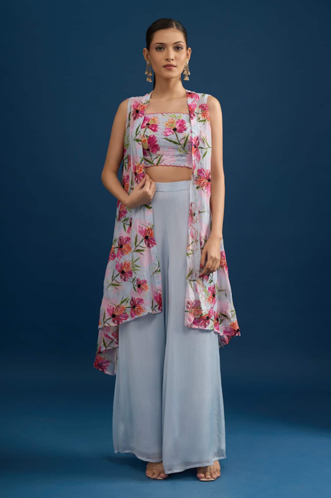 Samyukta Singhania Blue Floral Printed Jacket Set 