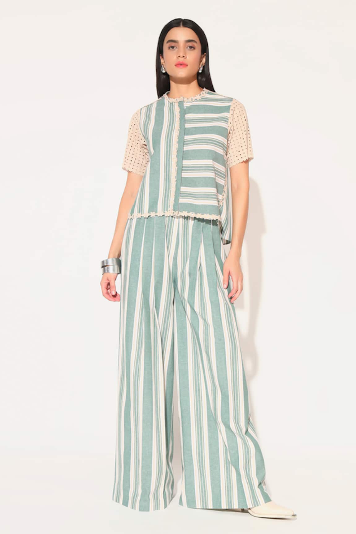 Linetribe_ Striped Green Beige Shirt & Pants Set 