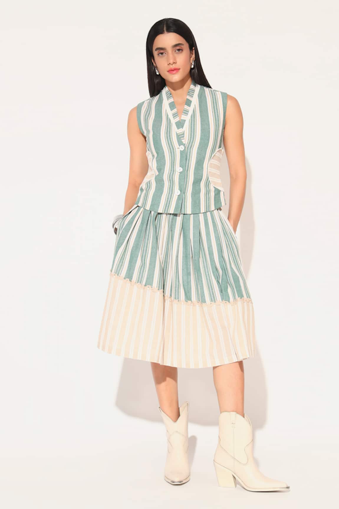 Linetribe_ Striped Waist Coat & Skirt Set 