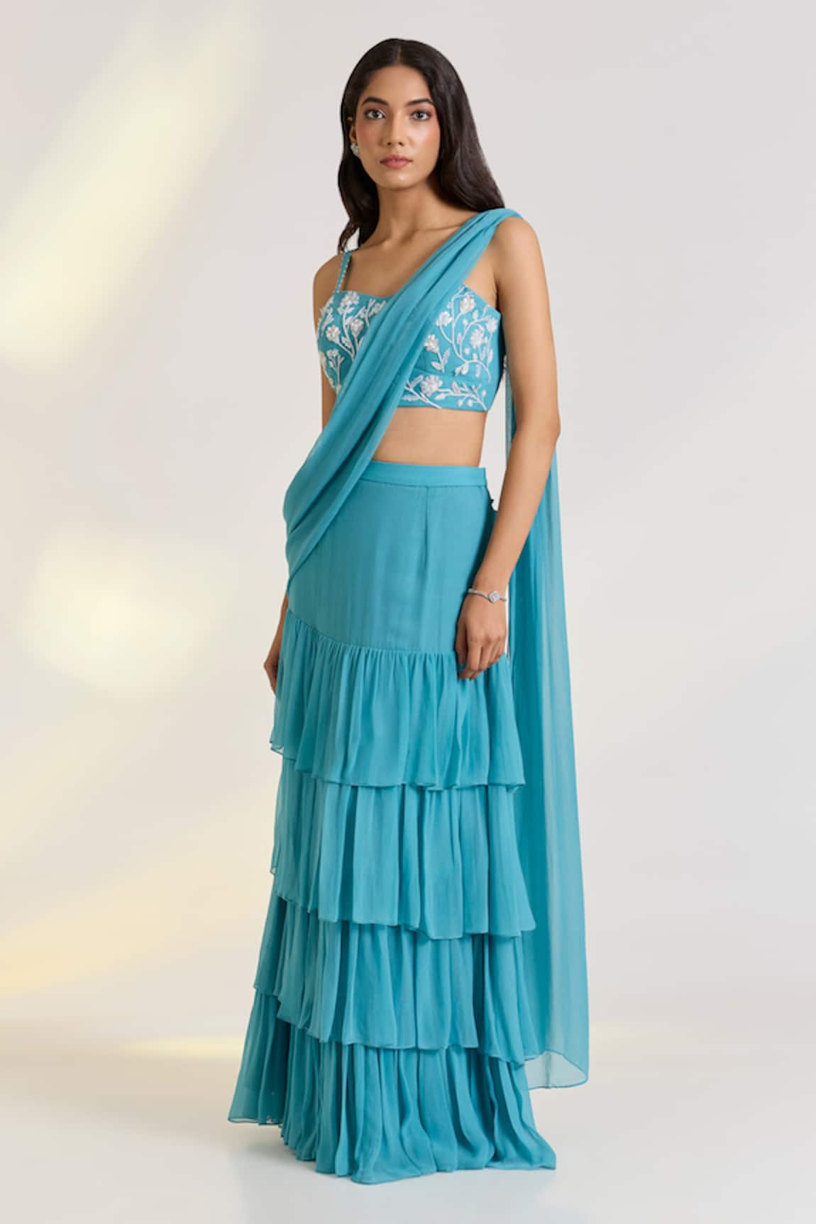 Ewoke Teal Embroidered Pre-Drape Saree Set 