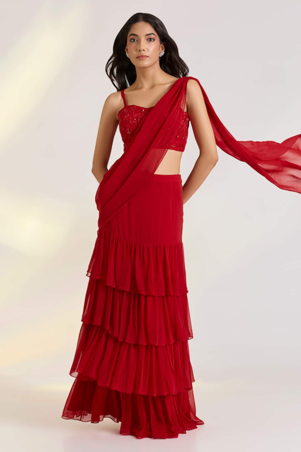 Ewoke Red Embroidered Pre-Draped Saree Set 