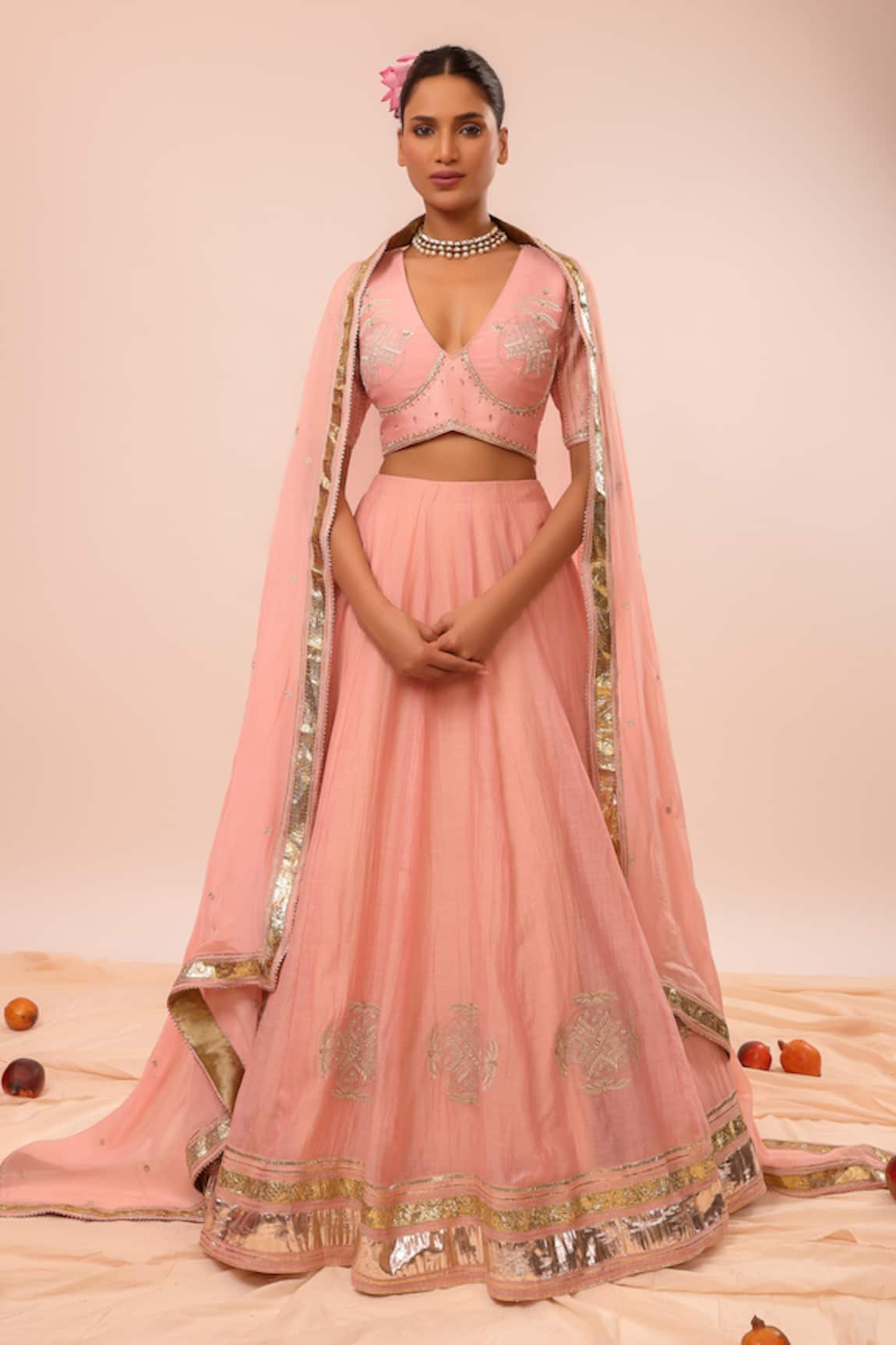 Kalakari By Akanksha Blush Pink Silk Chanderi Lehenga Set 