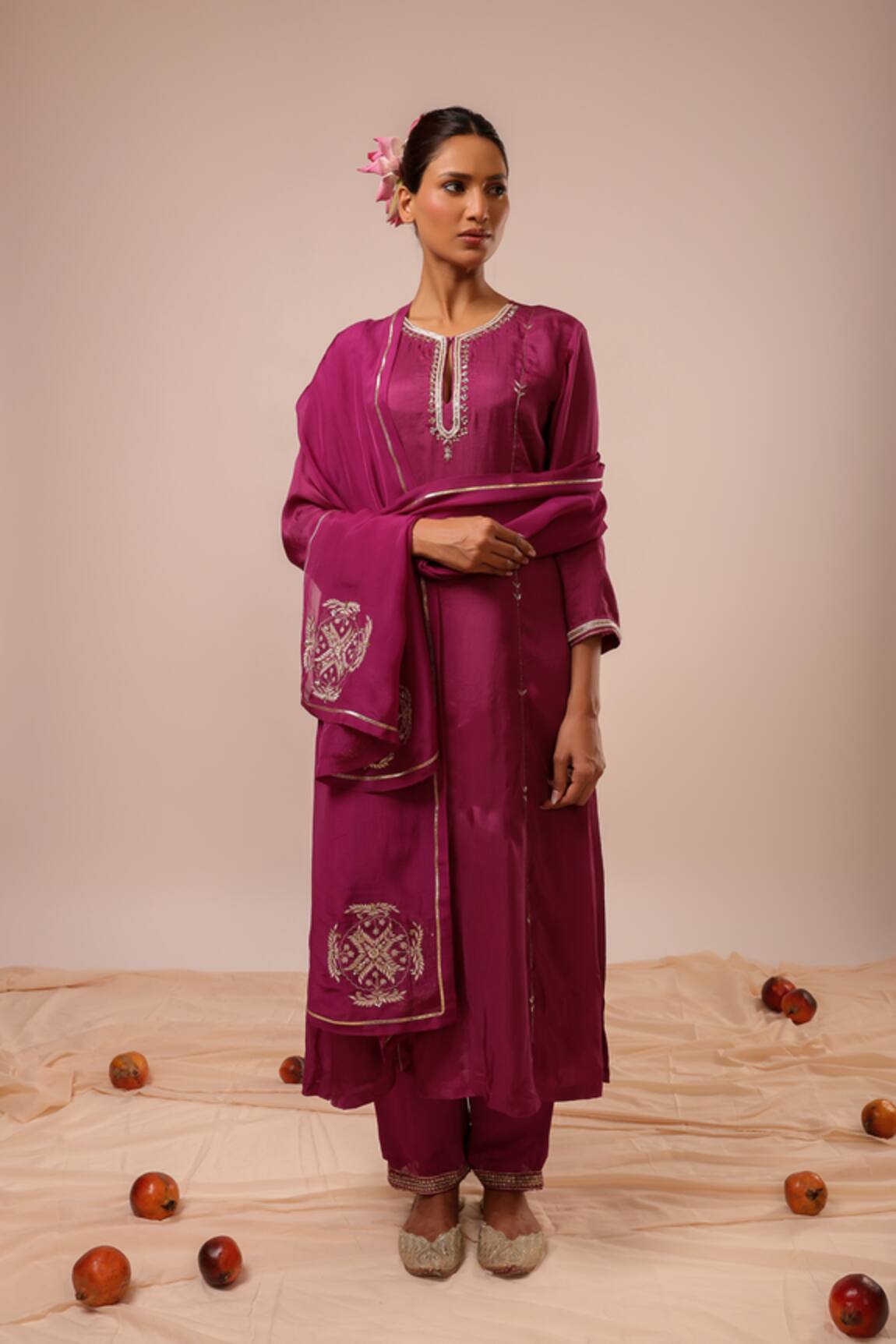 Kalakari By Akanksha Purple Silk Chanderi A-Line Kurta Set 