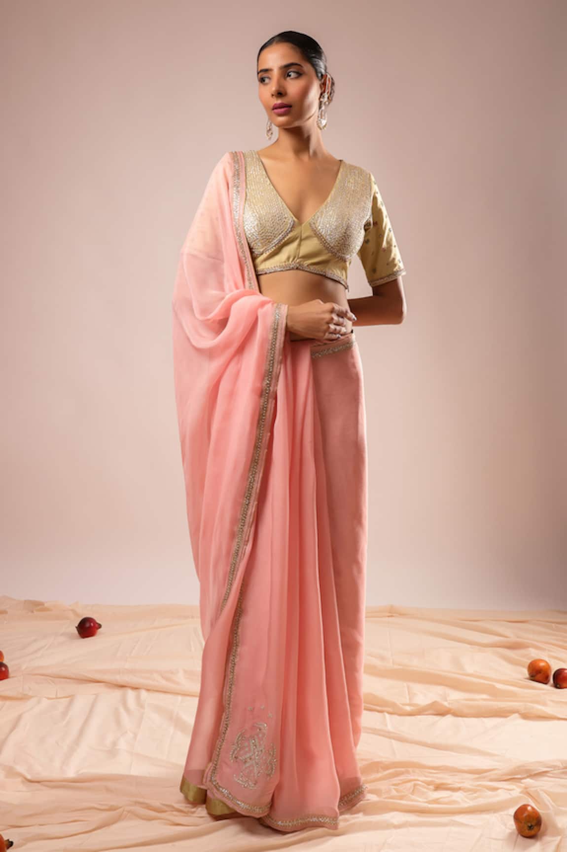 Kalakari By Akanksha Baby Pink Organza Saree & Silk Blouse Set 