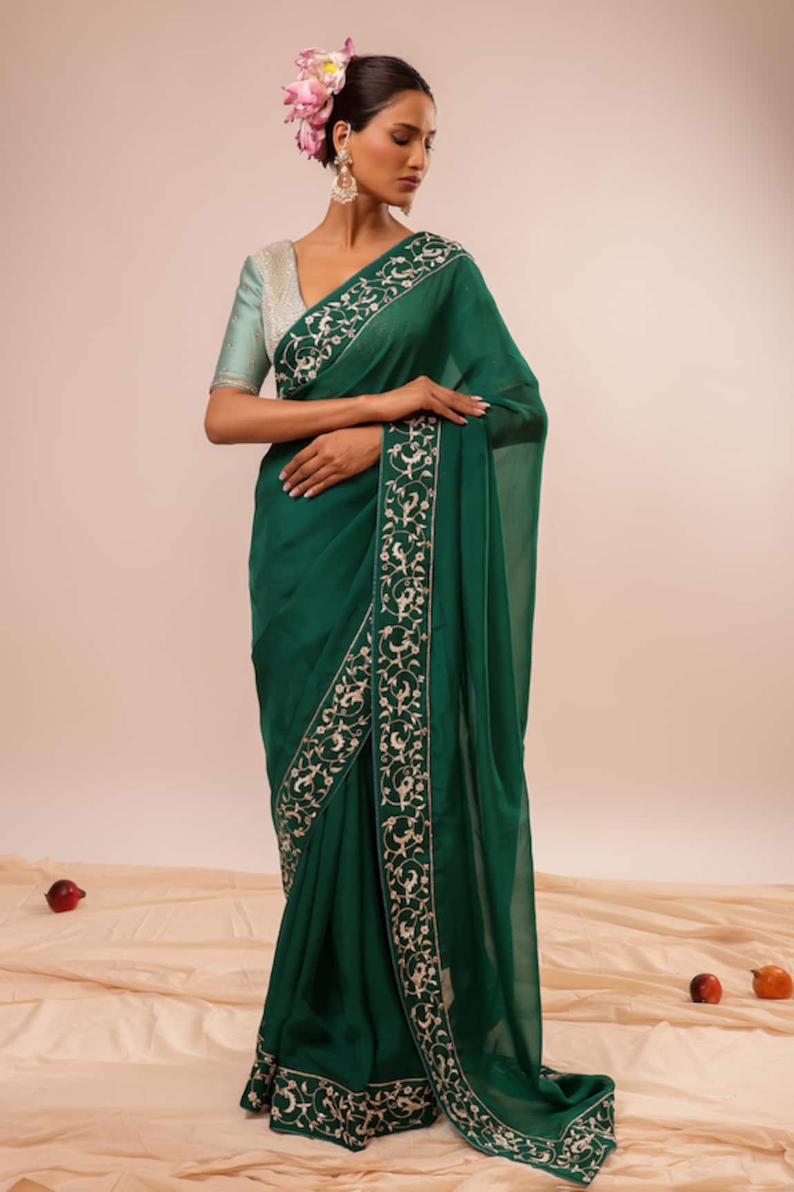 Kalakari By Akanksha Dark Green Hand Embroidered Saree Set 