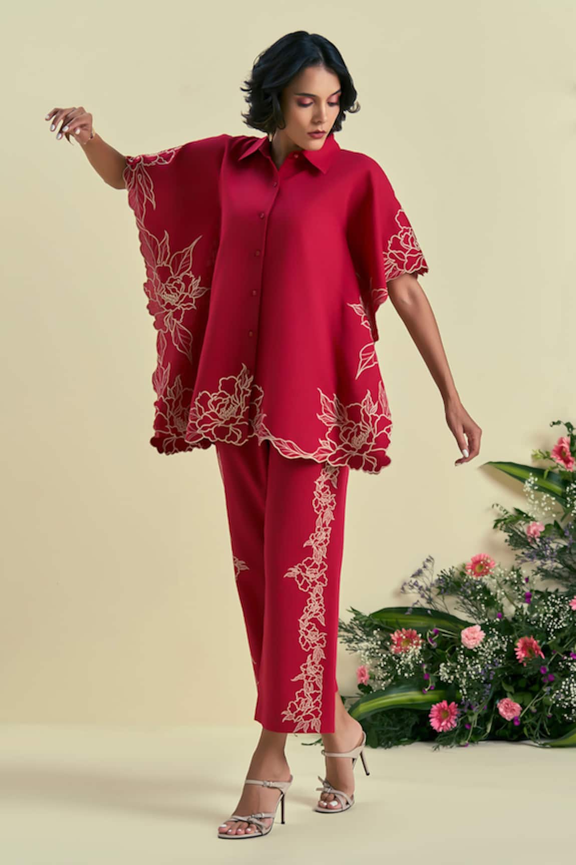 Origani Red Thread Embroidered Shirt & Pant Set 