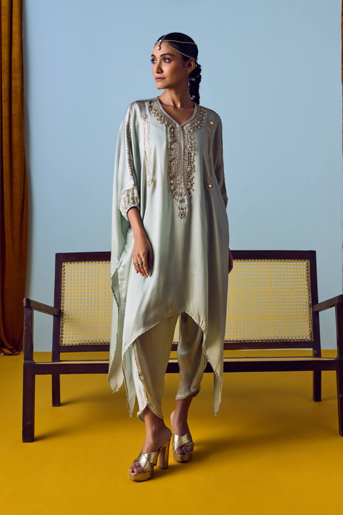 Prahnaaya Sage Green Hand-Embroidered Kaftan Set 